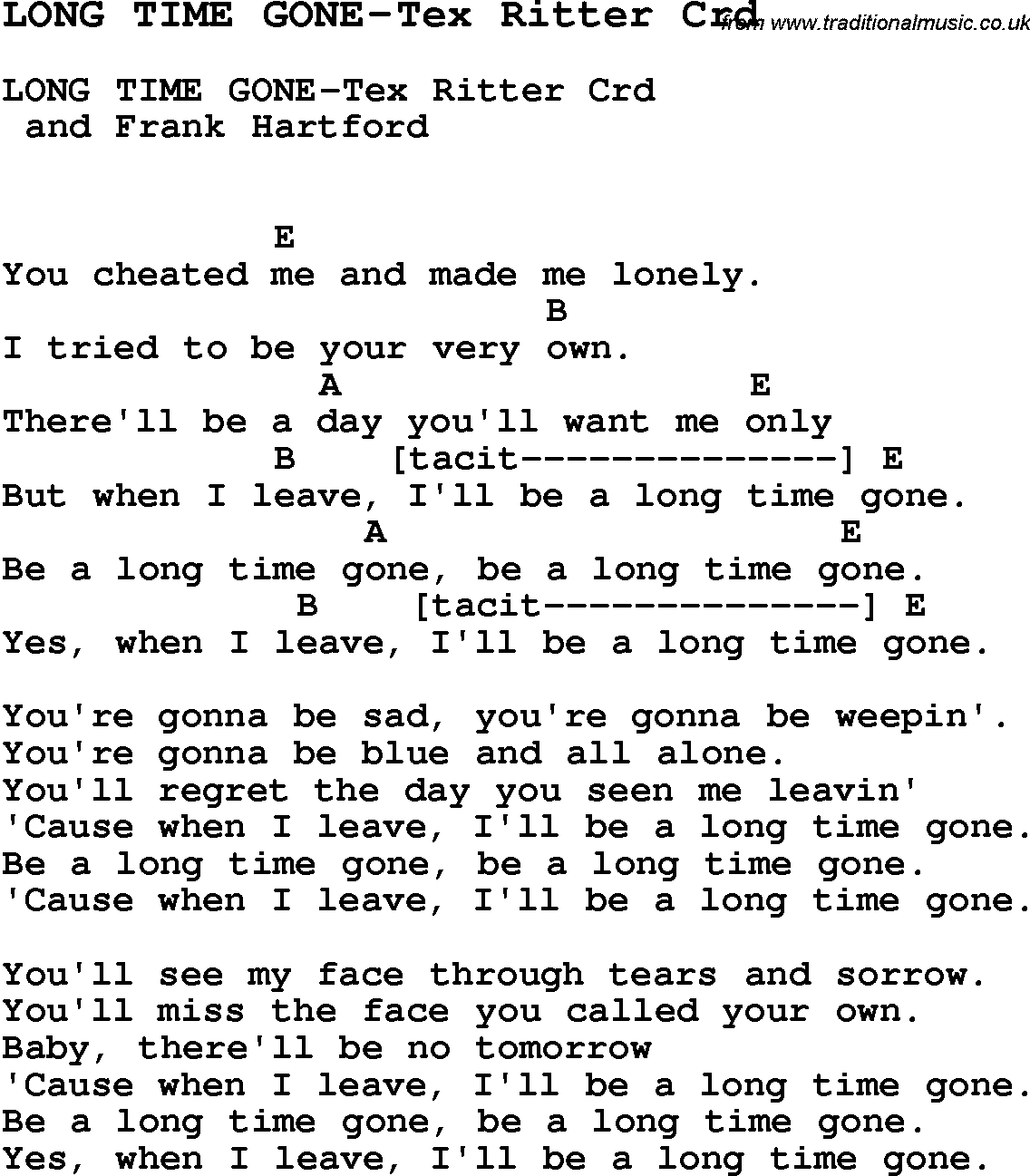 Skiffle Song Lyrics for Long Time Gone-Tex Ritter with chords for Mandolin, Ukulele, Guitar, Banjo etc.