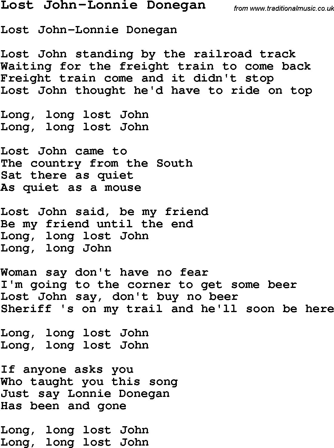 Skiffle Song Lyrics for Lost John-Lonnie Donegan.