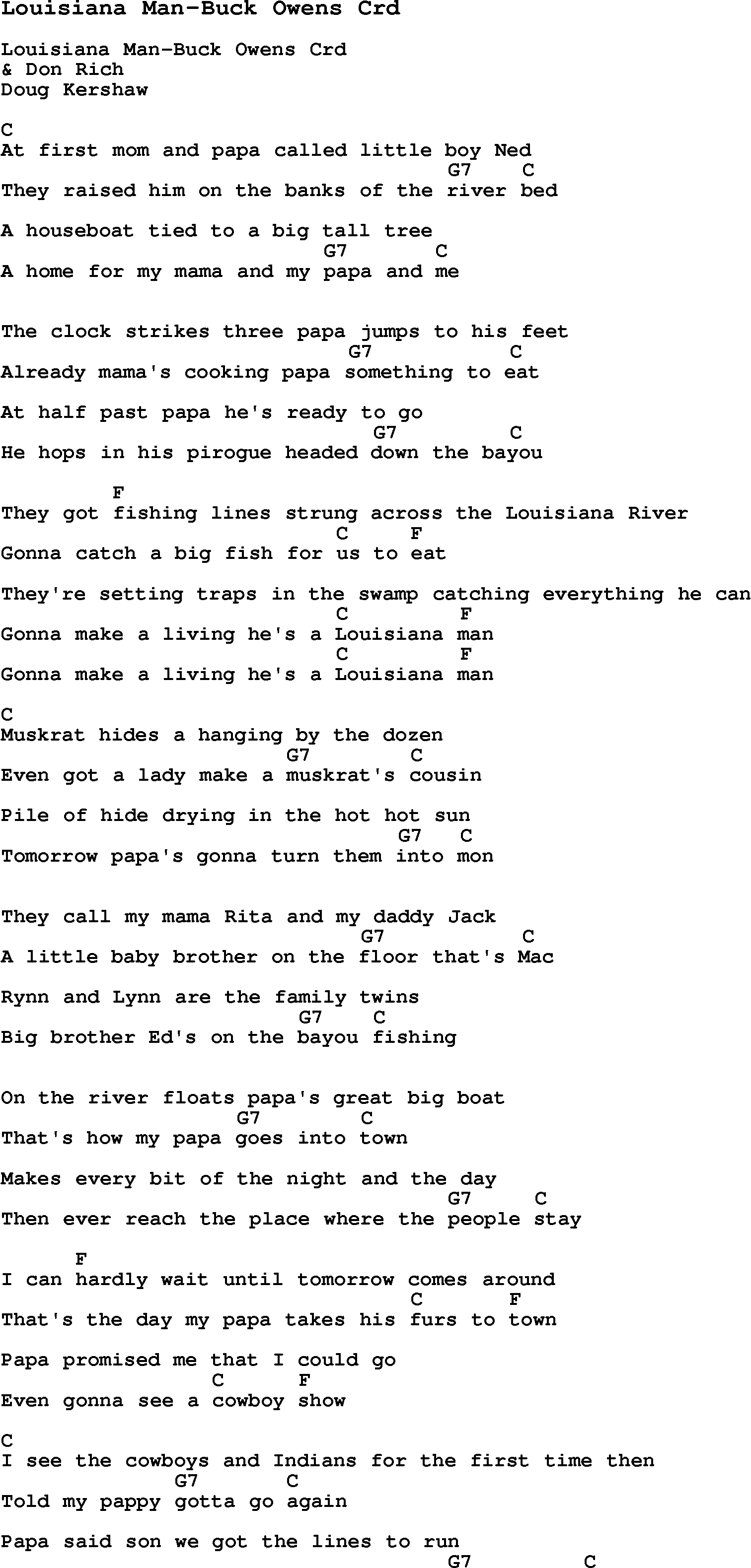 Skiffle Song Lyrics for Louisiana Man-Buck Owens with chords for Mandolin, Ukulele, Guitar, Banjo etc.