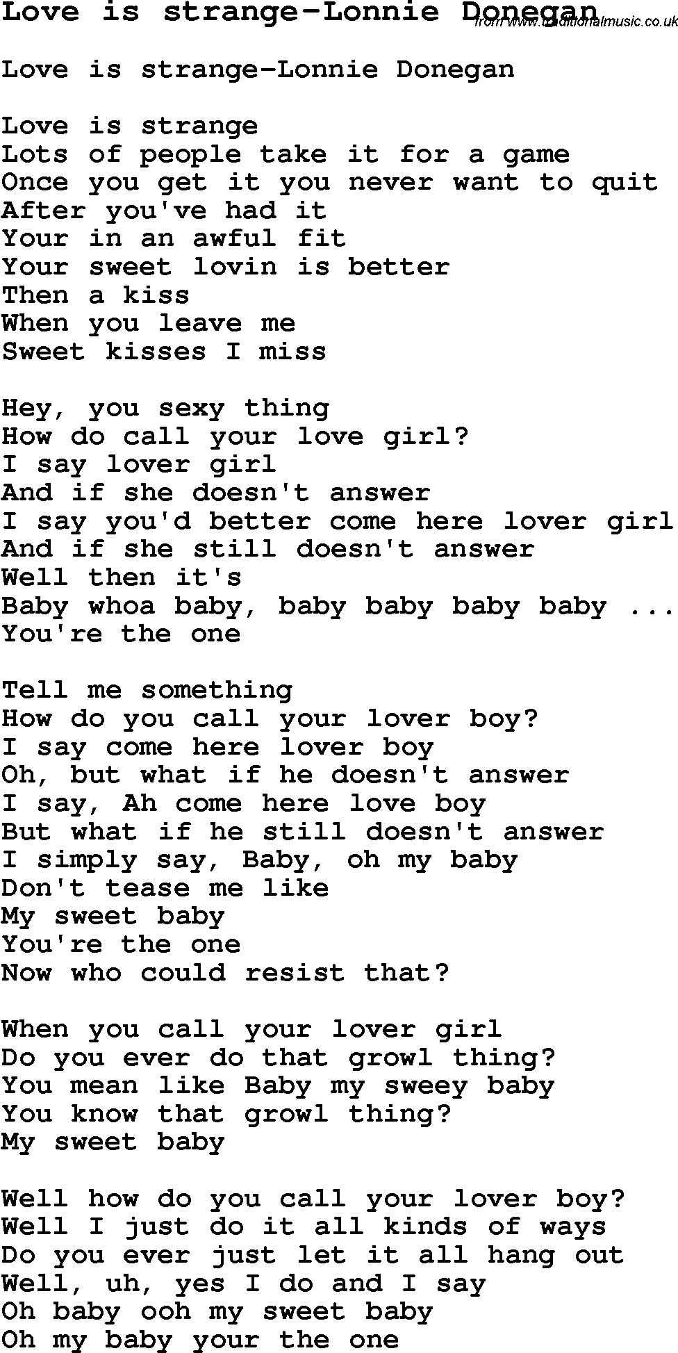 Skiffle Song Lyrics for Love Is Strange-Lonnie Donegan.