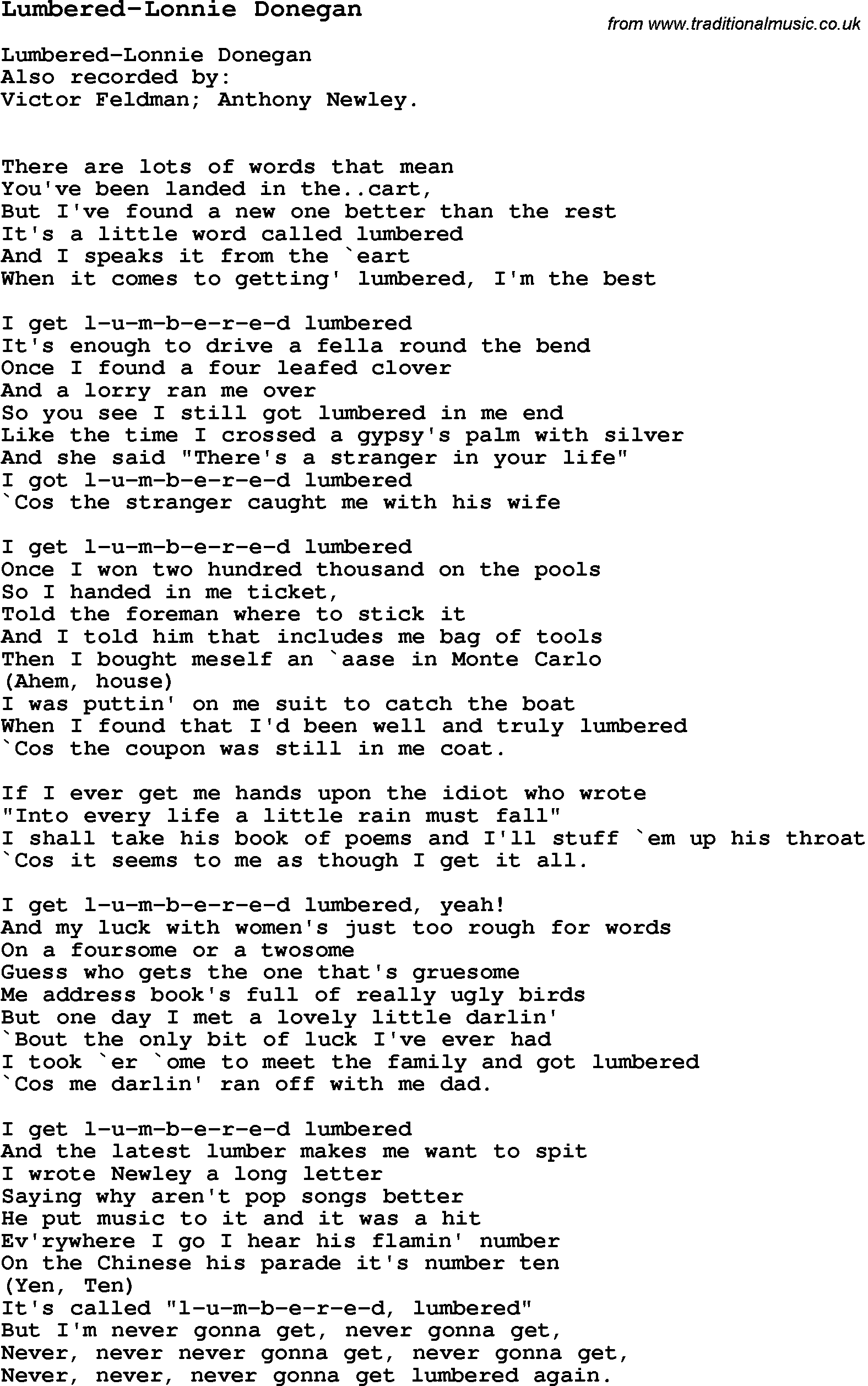 Skiffle Song Lyrics for Lumbered-Lonnie Donegan.