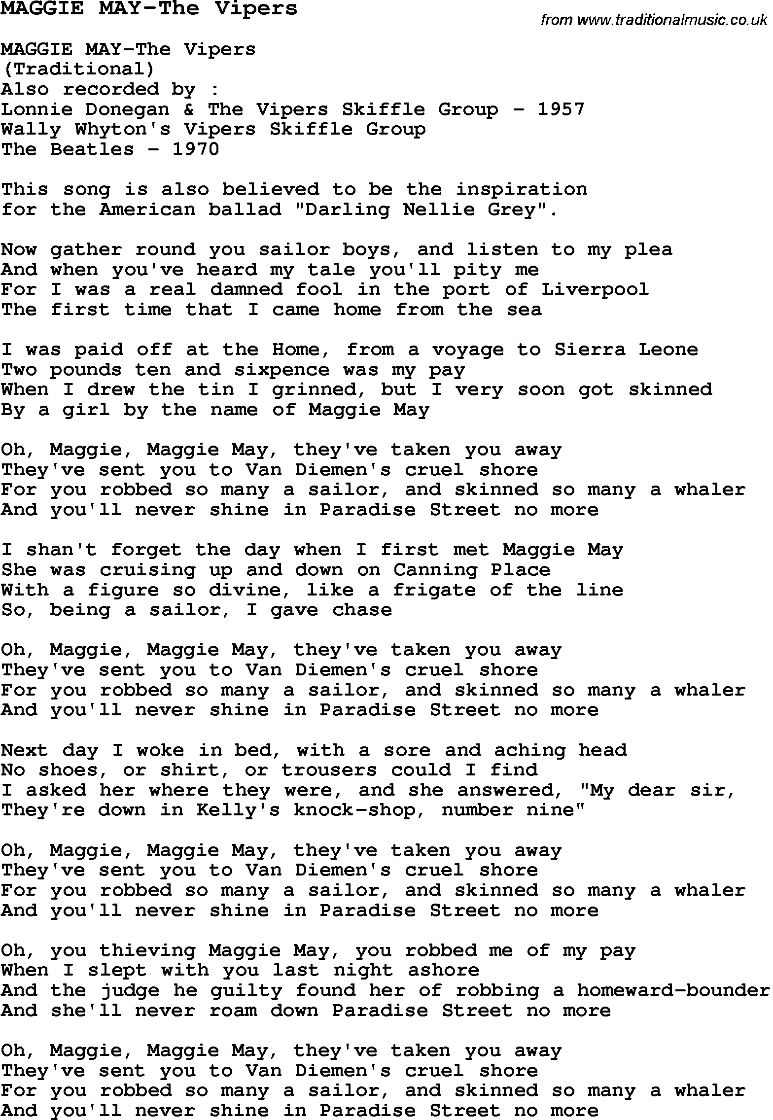 Skiffle Song Lyrics for Maggie May-The Vipers.