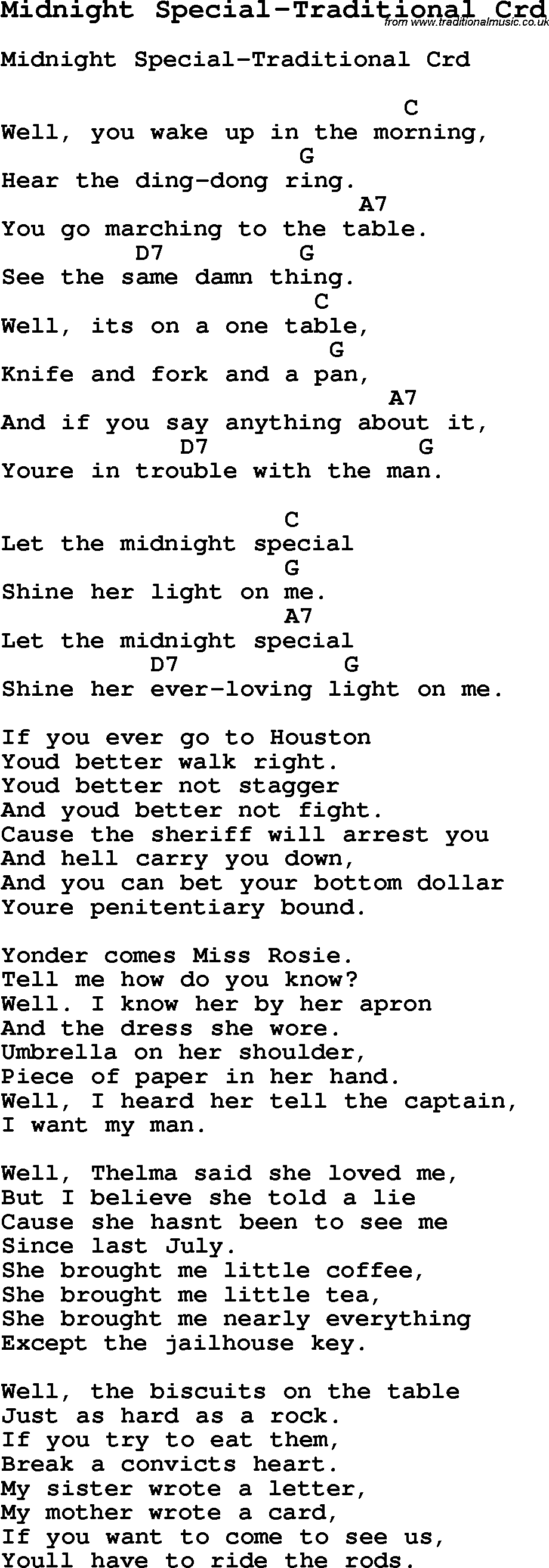 Skiffle Song Lyrics for Midnight Special-Traditional with chords for Mandolin, Ukulele, Guitar, Banjo etc.