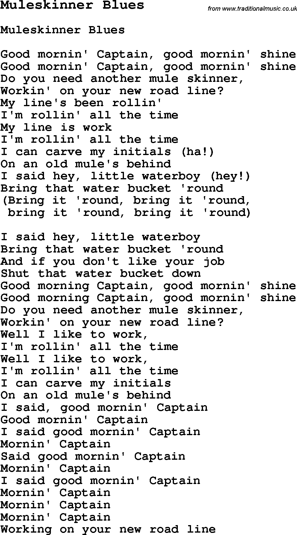 Skiffle Song Lyrics for Muleskinner Blues.