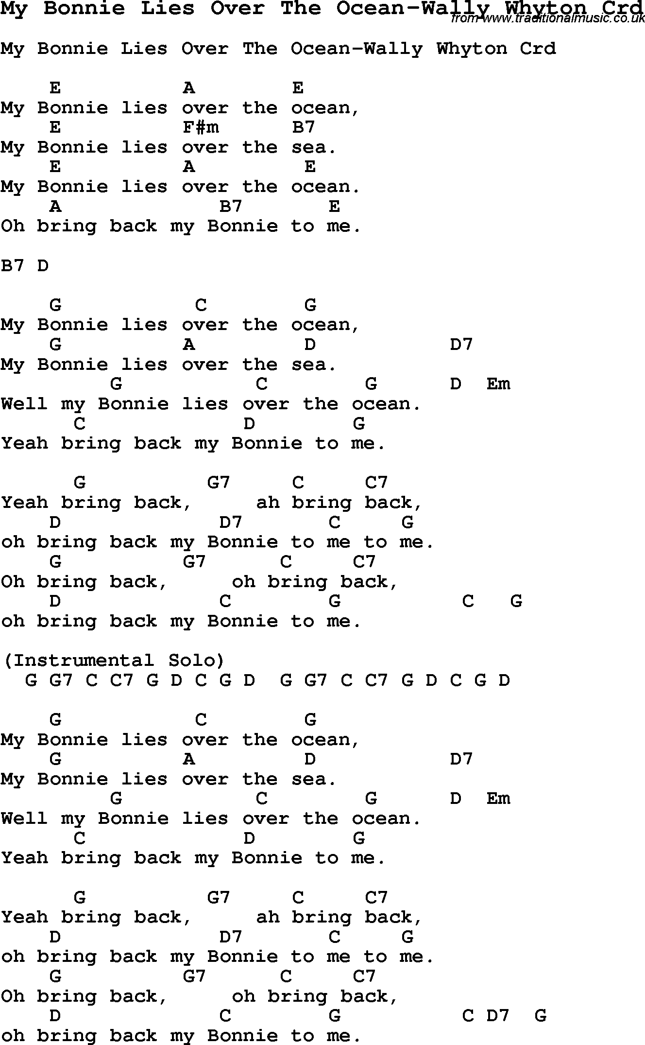 Skiffle Song Lyrics for My Bonnie Lies Over The Ocean-Wally Whyton with chords for Mandolin, Ukulele, Guitar, Banjo etc.