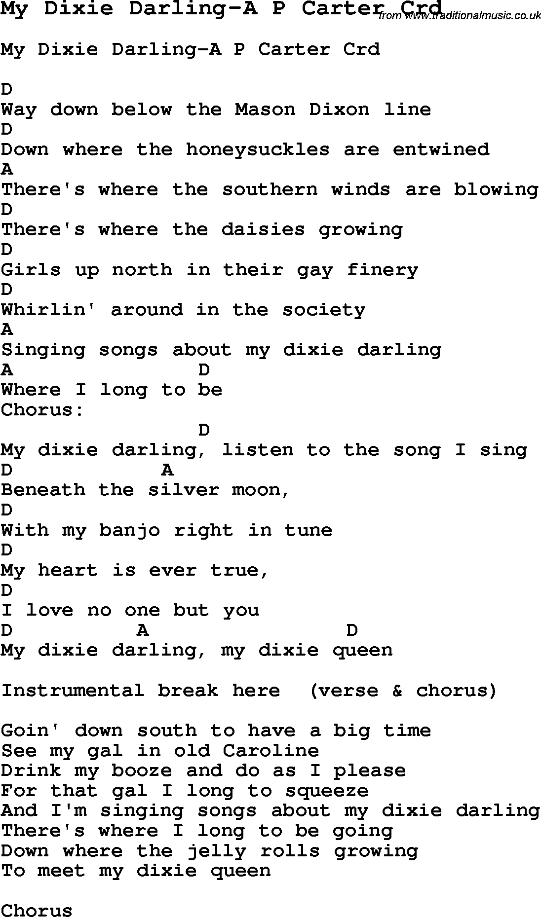 Skiffle Song Lyrics for My Dixie Darling-A P Carter with chords for Mandolin, Ukulele, Guitar, Banjo etc.