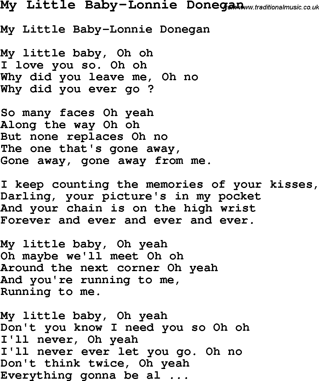 Skiffle Song Lyrics for My Little Baby-Lonnie Donegan.
