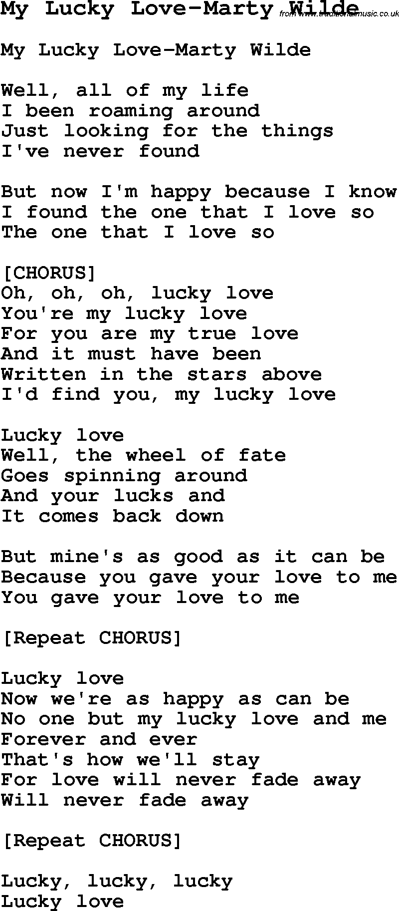 Skiffle Song Lyrics for My Lucky Love-Marty Wilde.