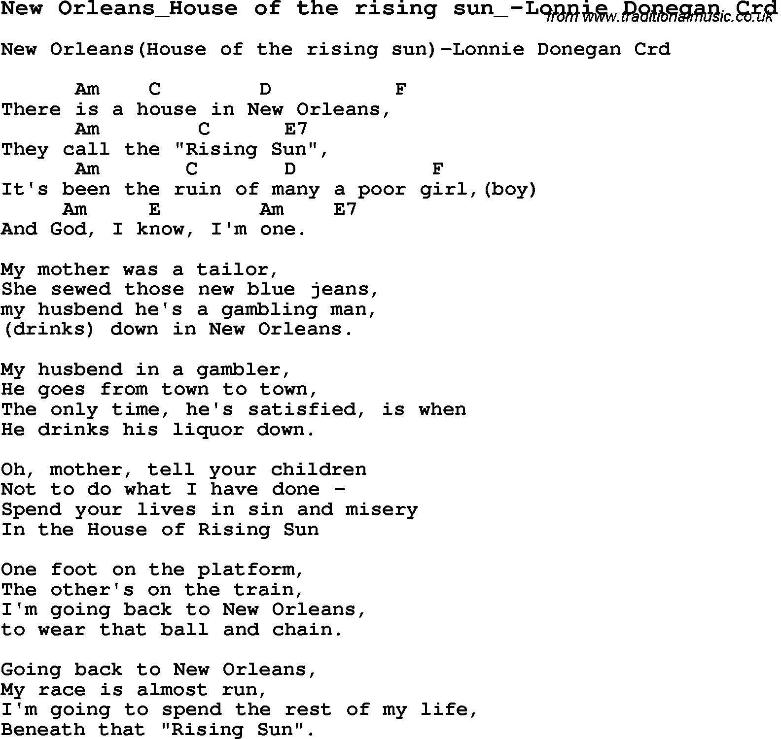 Skiffle Song Lyrics for New Orleans House Of The Rising Sun-Lonnie Donegan with chords for Mandolin, Ukulele, Guitar, Banjo etc.