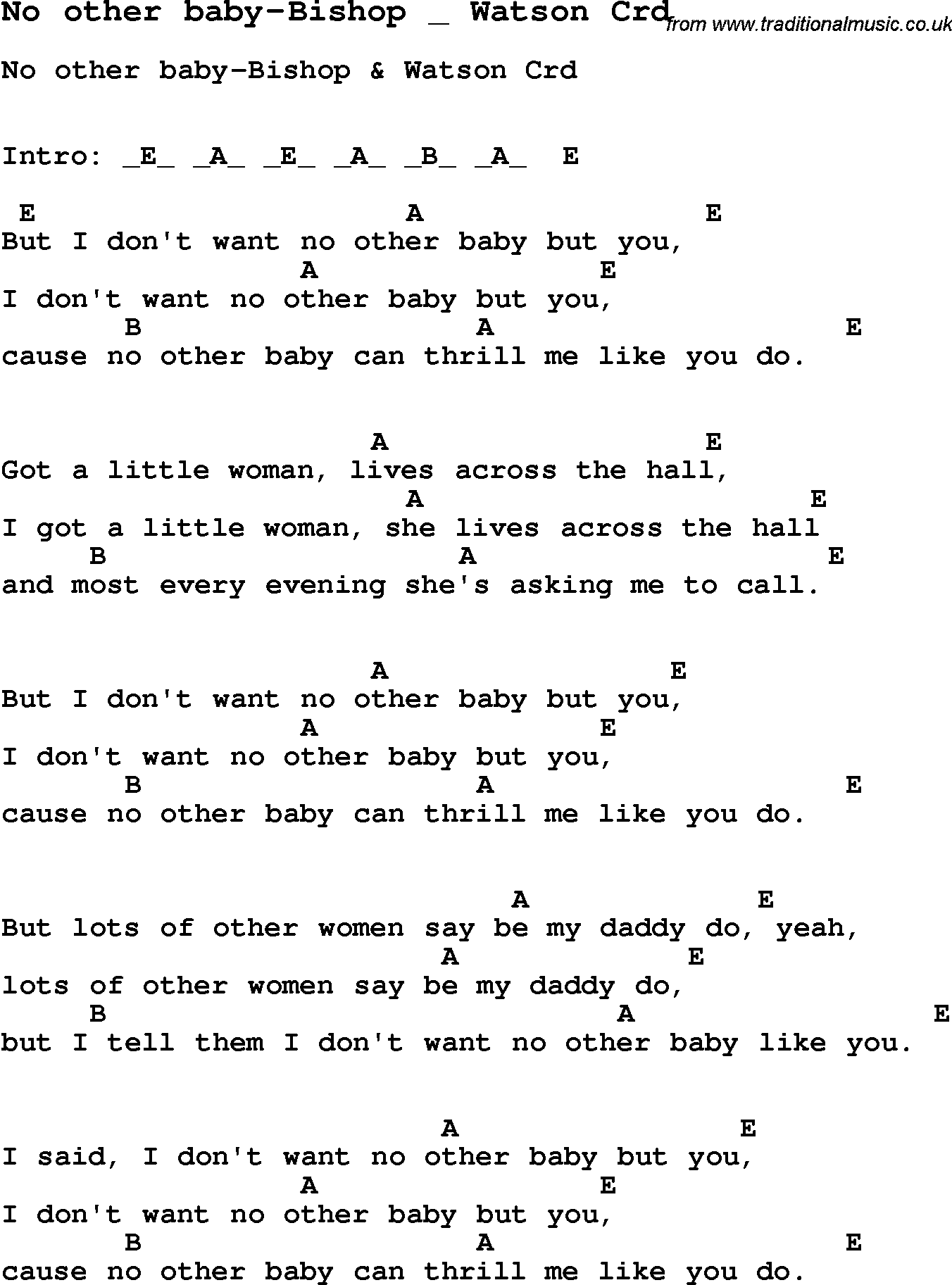 Skiffle Song Lyrics for No Other Baby-Bishop Watson with chords for Mandolin, Ukulele, Guitar, Banjo etc.