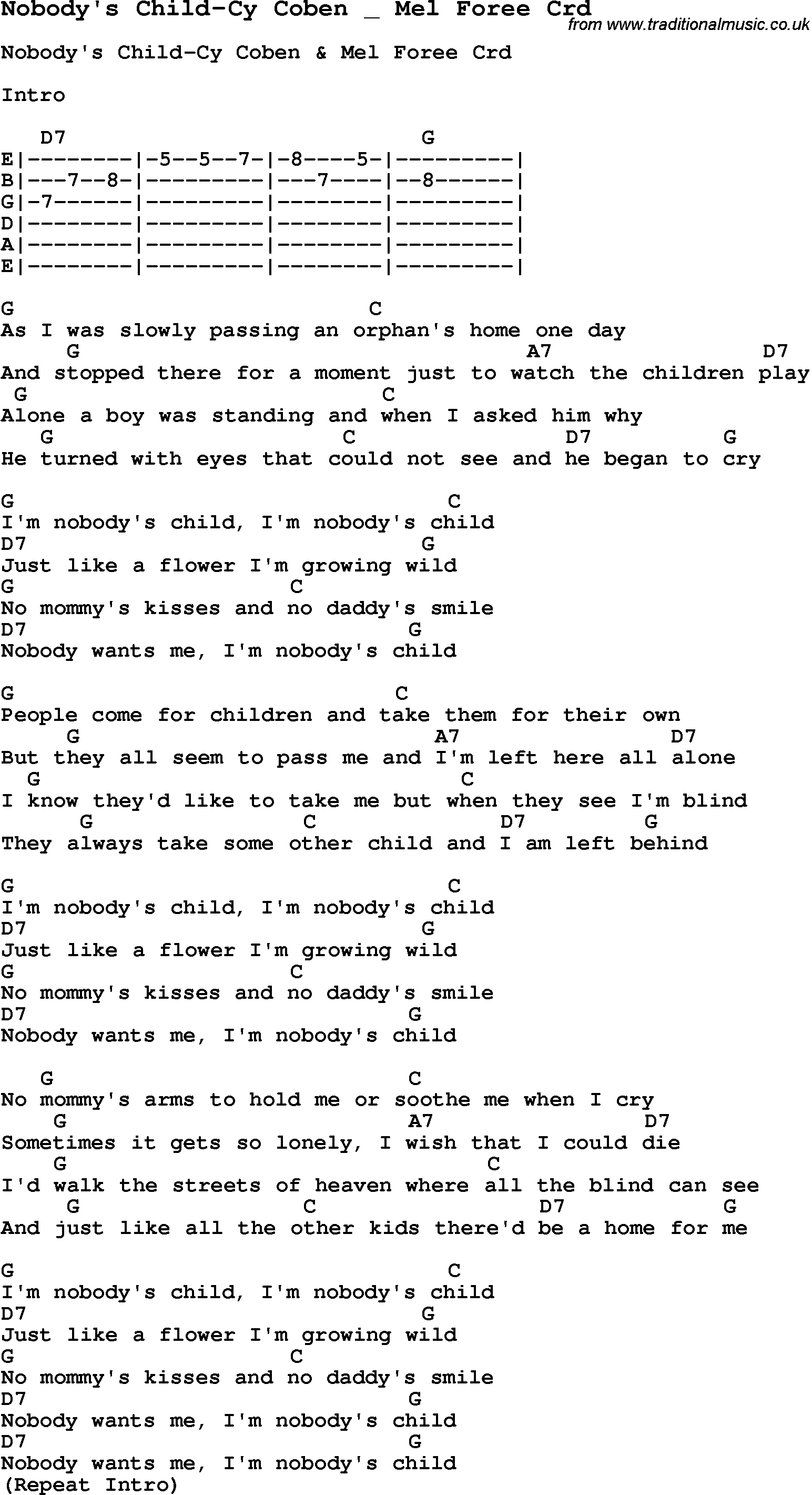 Skiffle Song Lyrics for Nobody's Child-Cy Coben Mel Foree with chords for Mandolin, Ukulele, Guitar, Banjo etc.