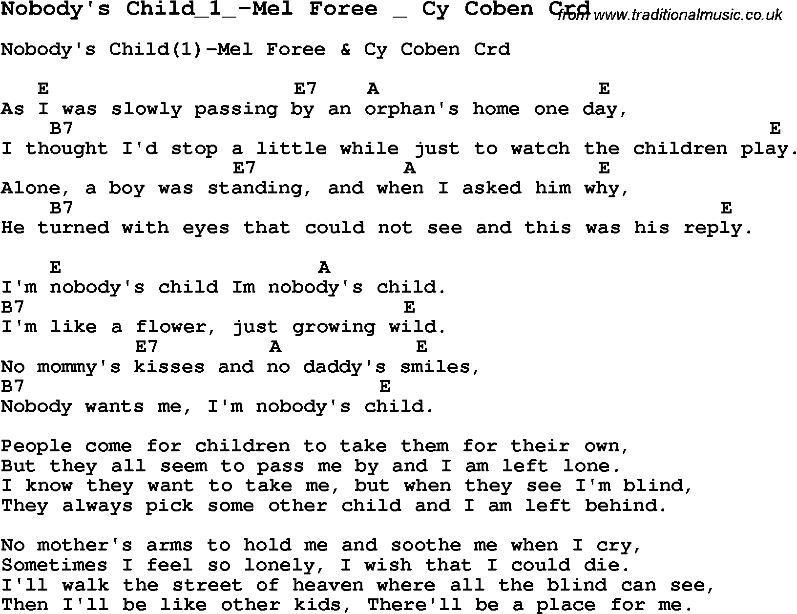 Skiffle Song Lyrics for Nobody's Child 1-Mel Foree Cy Coben with chords for Mandolin, Ukulele, Guitar, Banjo etc.