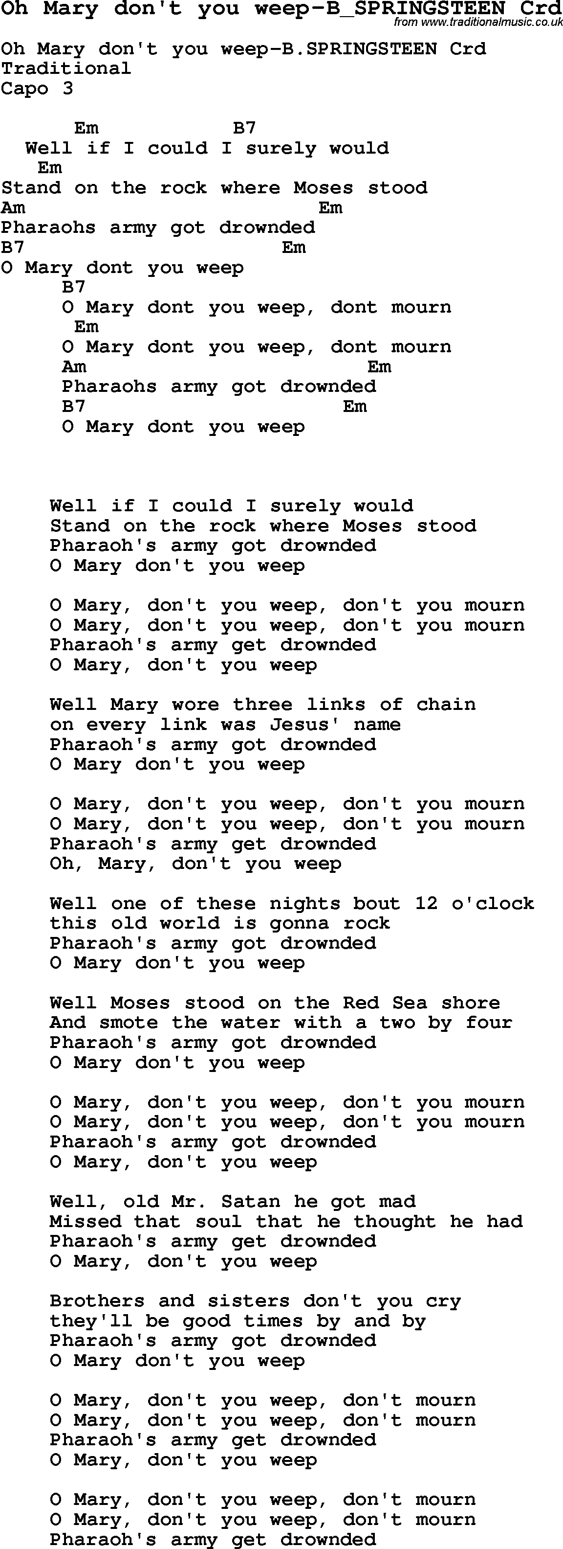 Skiffle Song Lyrics for Oh Mary Don't You Weep-B Springsteen with chords for Mandolin, Ukulele, Guitar, Banjo etc.
