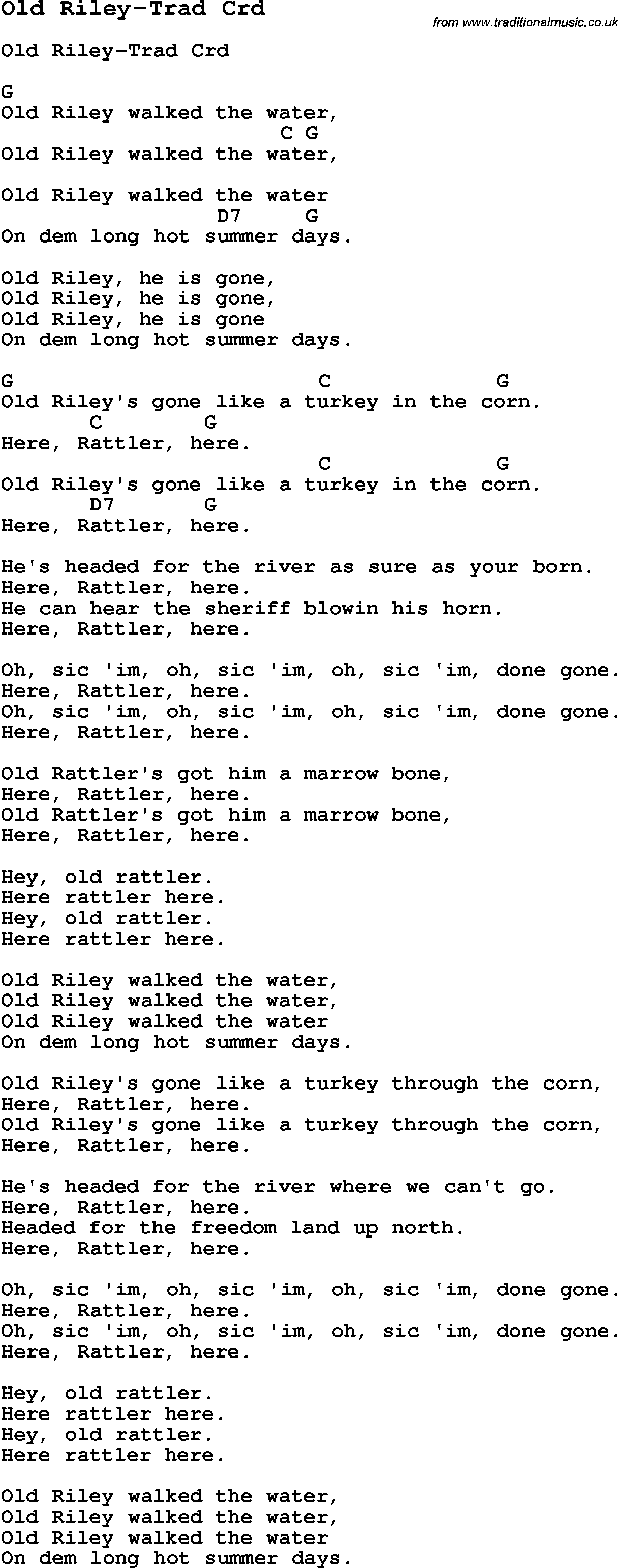 Skiffle Song Lyrics for Old Riley-Trad with chords for Mandolin, Ukulele, Guitar, Banjo etc.