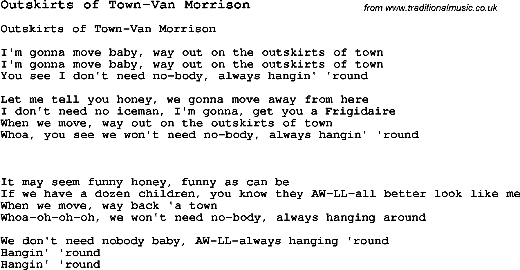 Skiffle Song Lyrics for Outskirts Of Town-Van Morrison.
