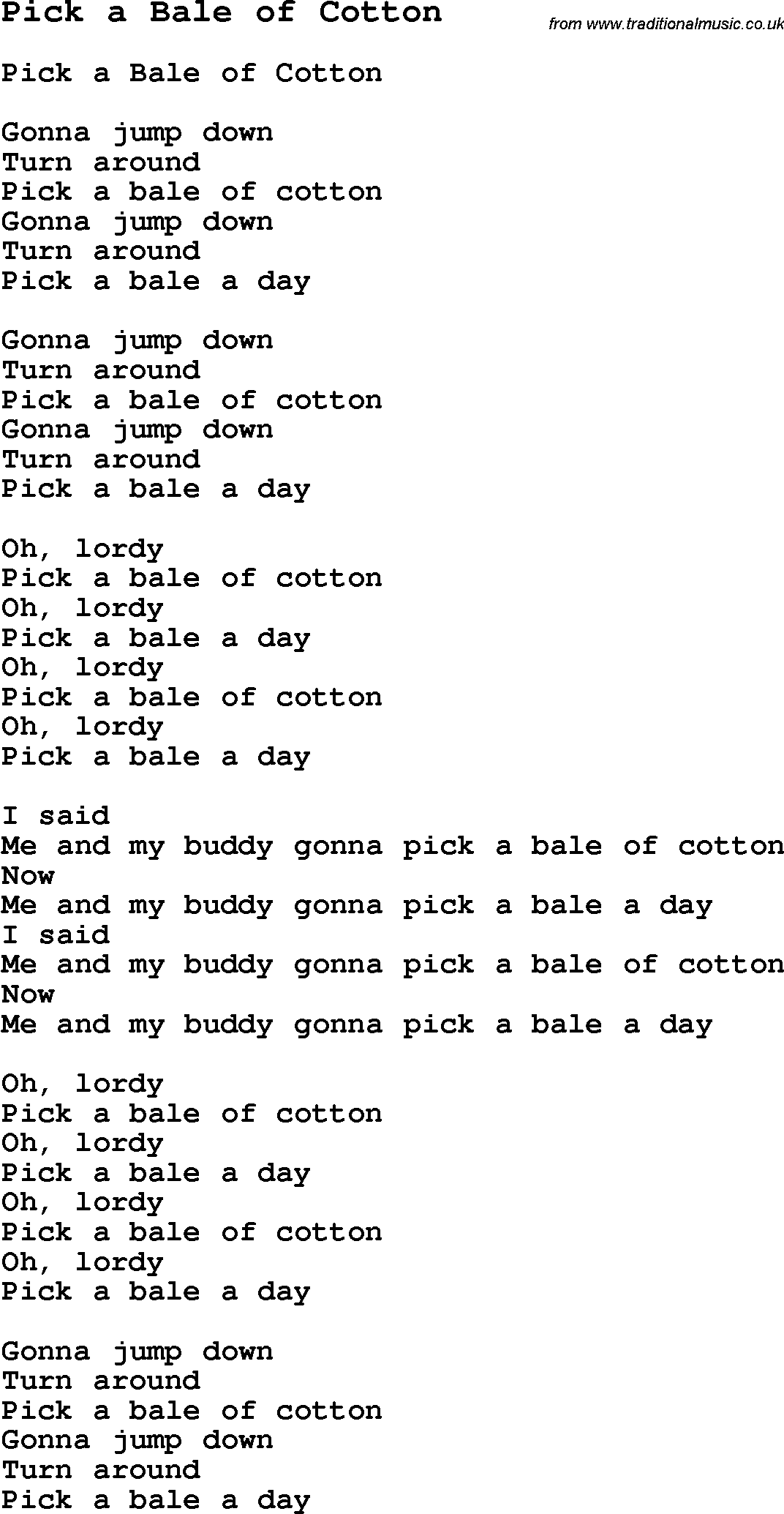 Skiffle Song Lyrics for Pick A Bale Of Cotton.