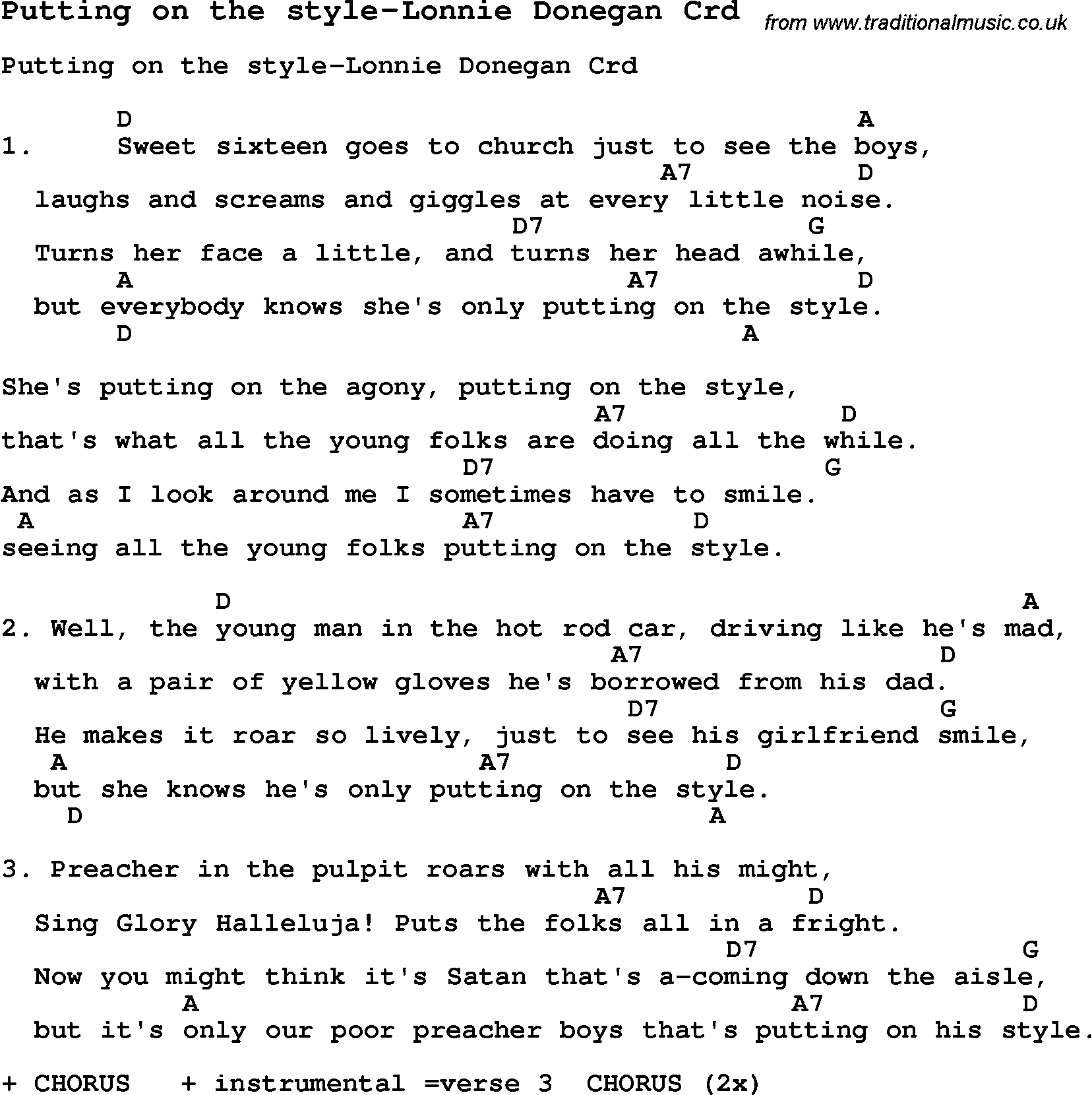 Skiffle Song Lyrics for Putting On The Style-Lonnie Donegan with chords for Mandolin, Ukulele, Guitar, Banjo etc.