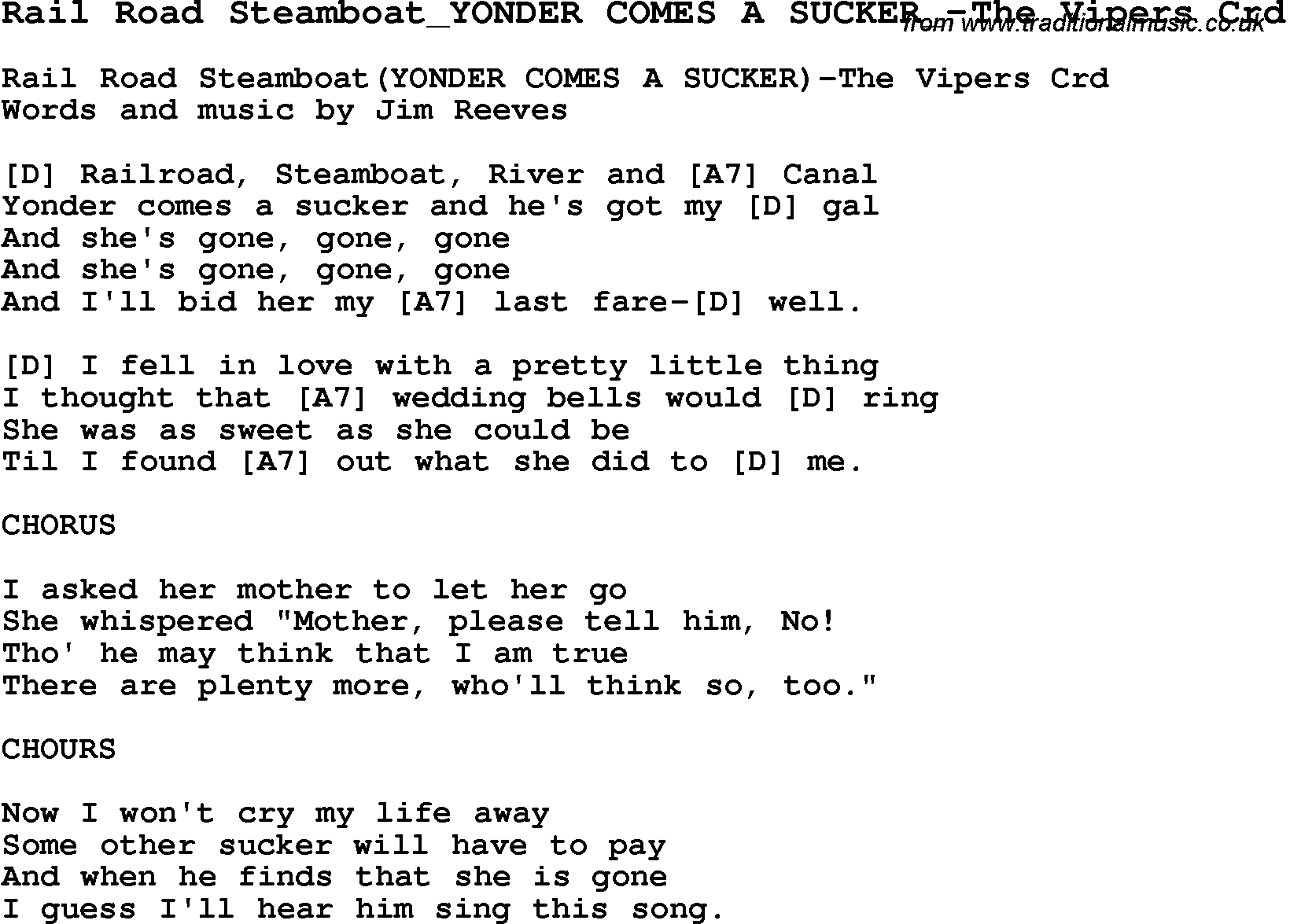 Skiffle Song Lyrics for Rail Road Steamboat Yonder Comes A Sucker-The Vipers with chords for Mandolin, Ukulele, Guitar, Banjo etc.