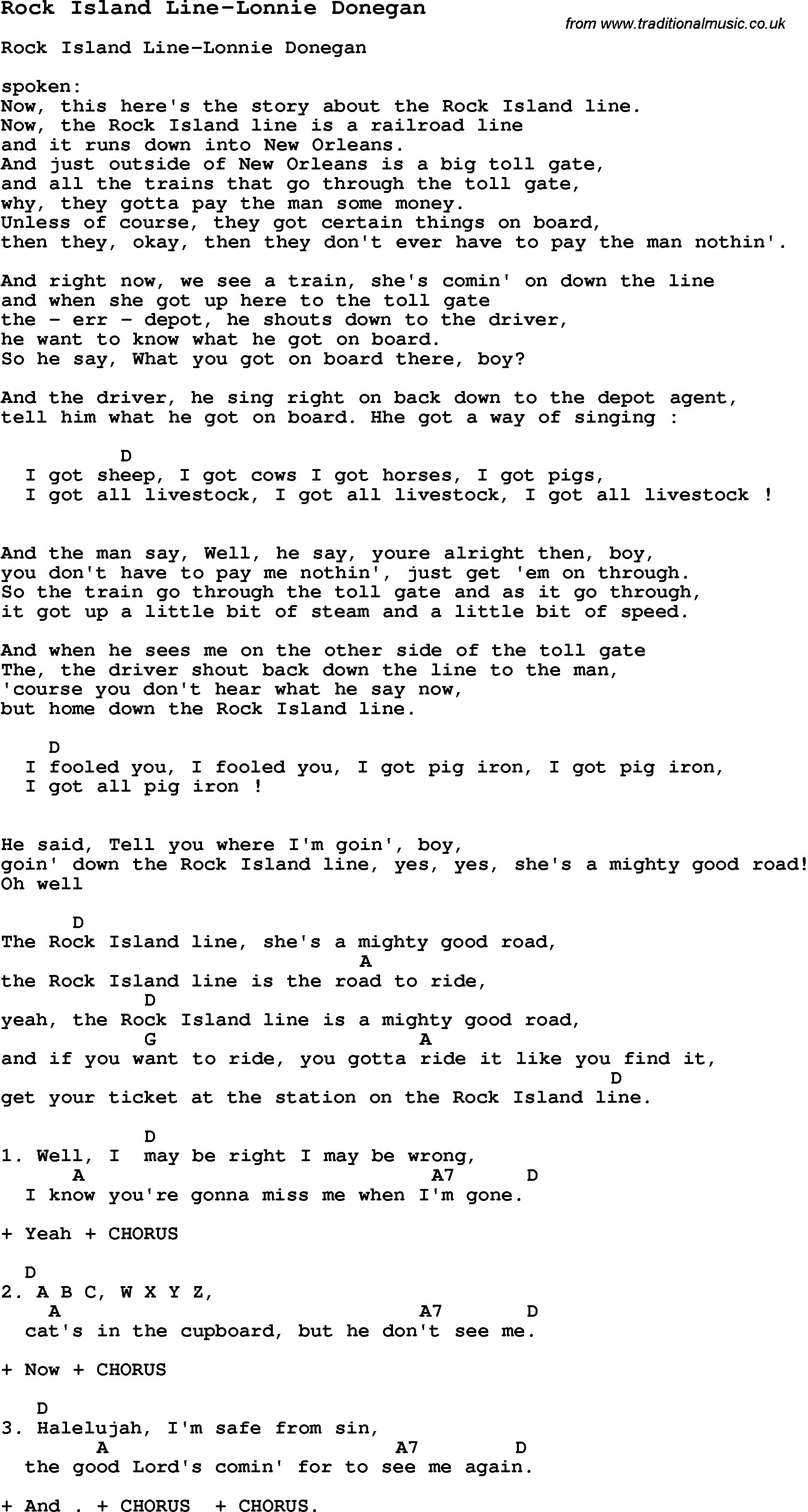 Skiffle Song Lyrics for Rock Island Line-Lonnie Donegan.