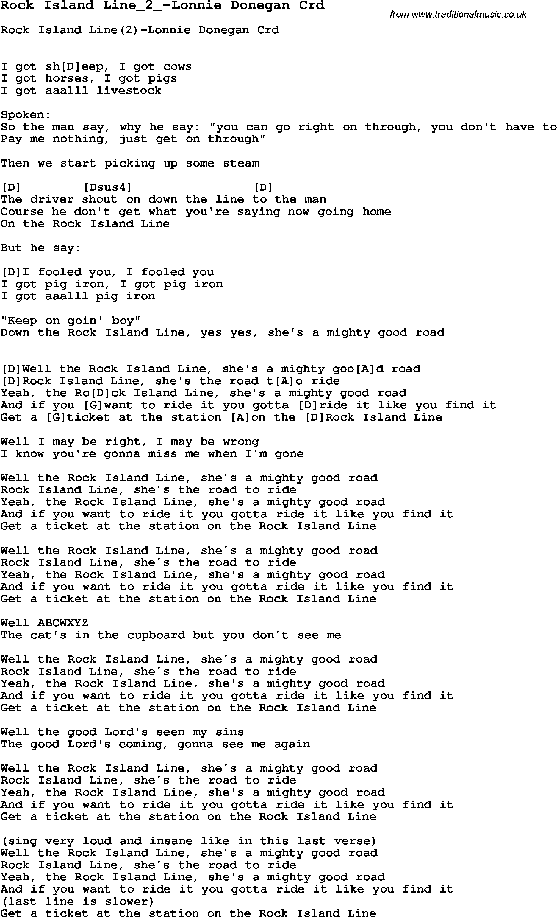 Skiffle Song Lyrics for Rock Island Line 2-Lonnie Donegan with chords for Mandolin, Ukulele, Guitar, Banjo etc.