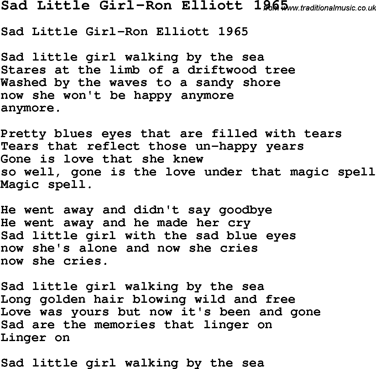 Skiffle Song Lyrics for Sad Little Girl-Ron Elliott 1965.