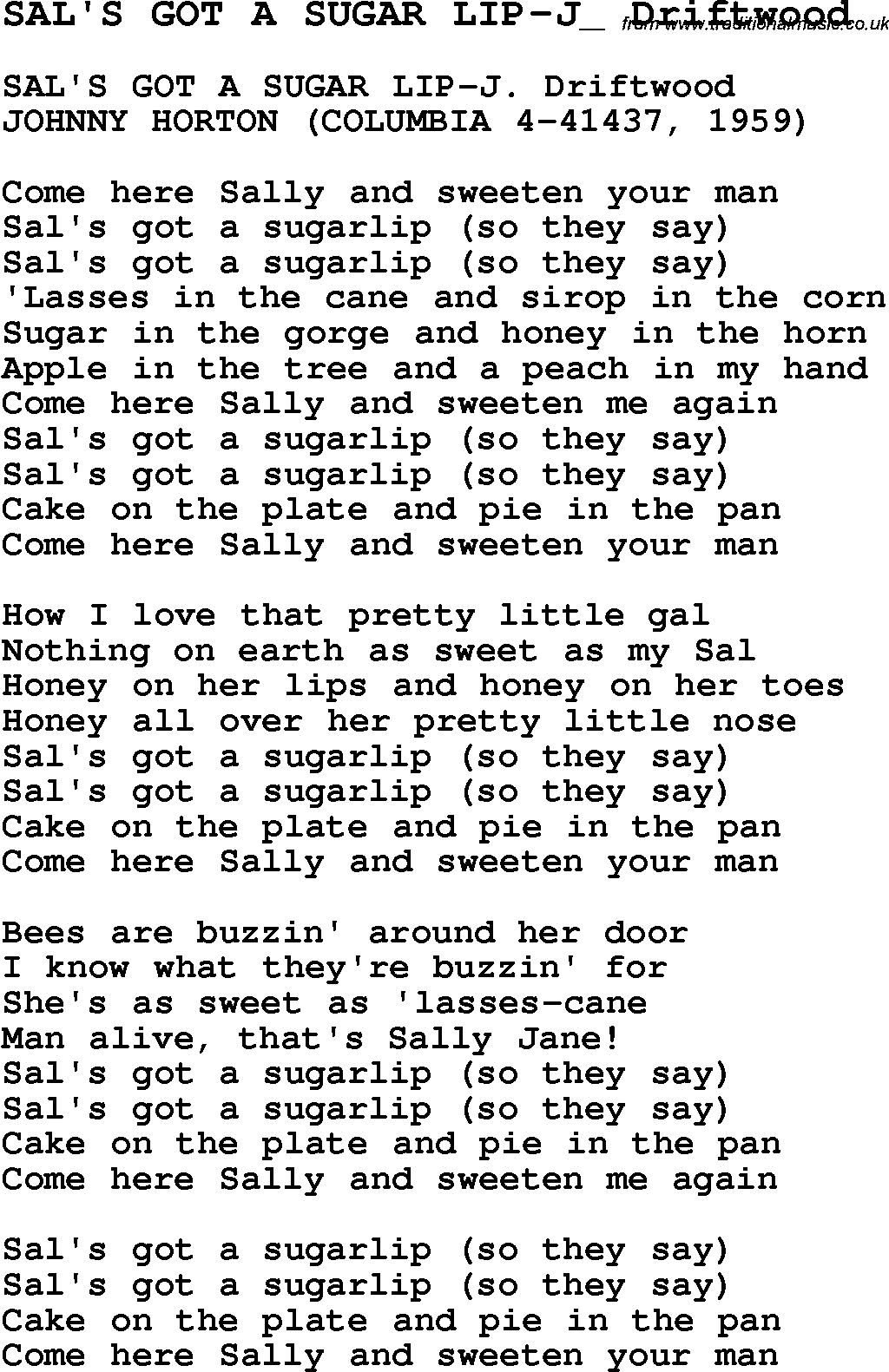 Skiffle Song Lyrics for Sal's Got A Sugar Lip-J Driftwood.