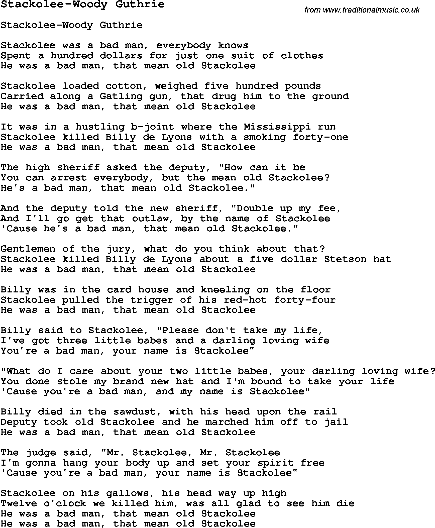 Skiffle Song Lyrics for Stackolee-Woody Guthrie.