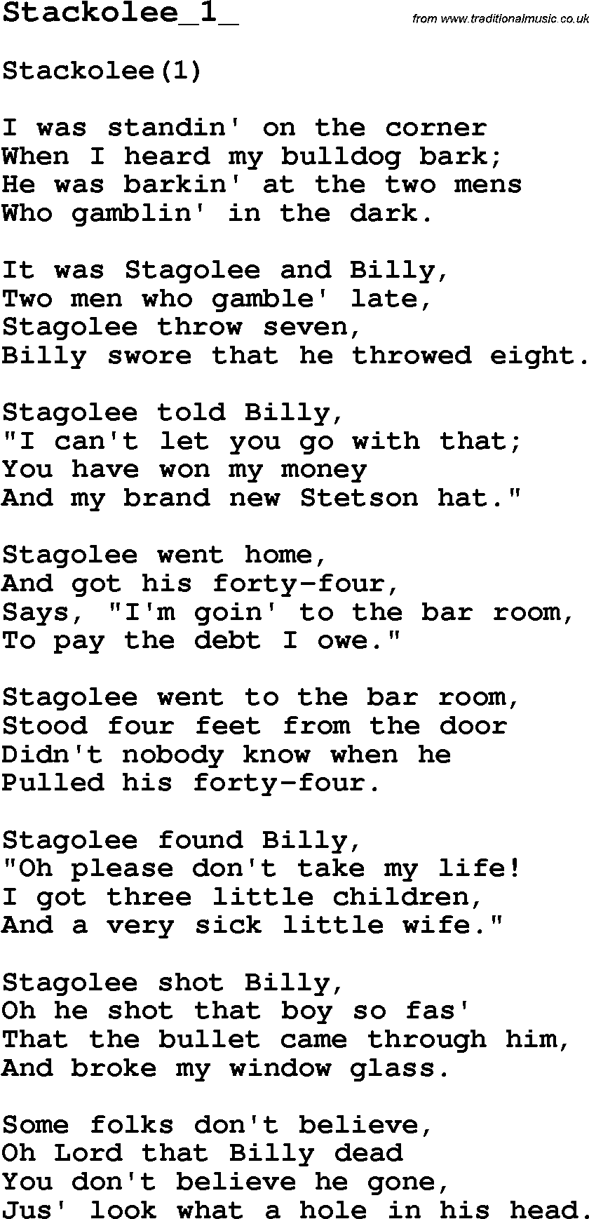 Skiffle Song Lyrics for Stackolee 1 .