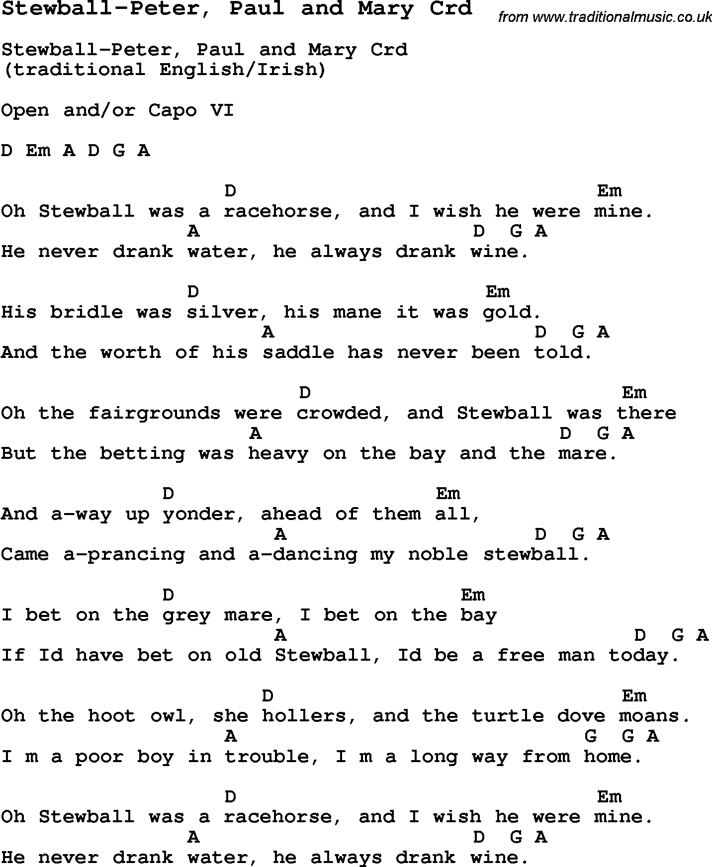 Skiffle Song Lyrics for Stewball-Peter, Paul And Mary with chords for Mandolin, Ukulele, Guitar, Banjo etc.