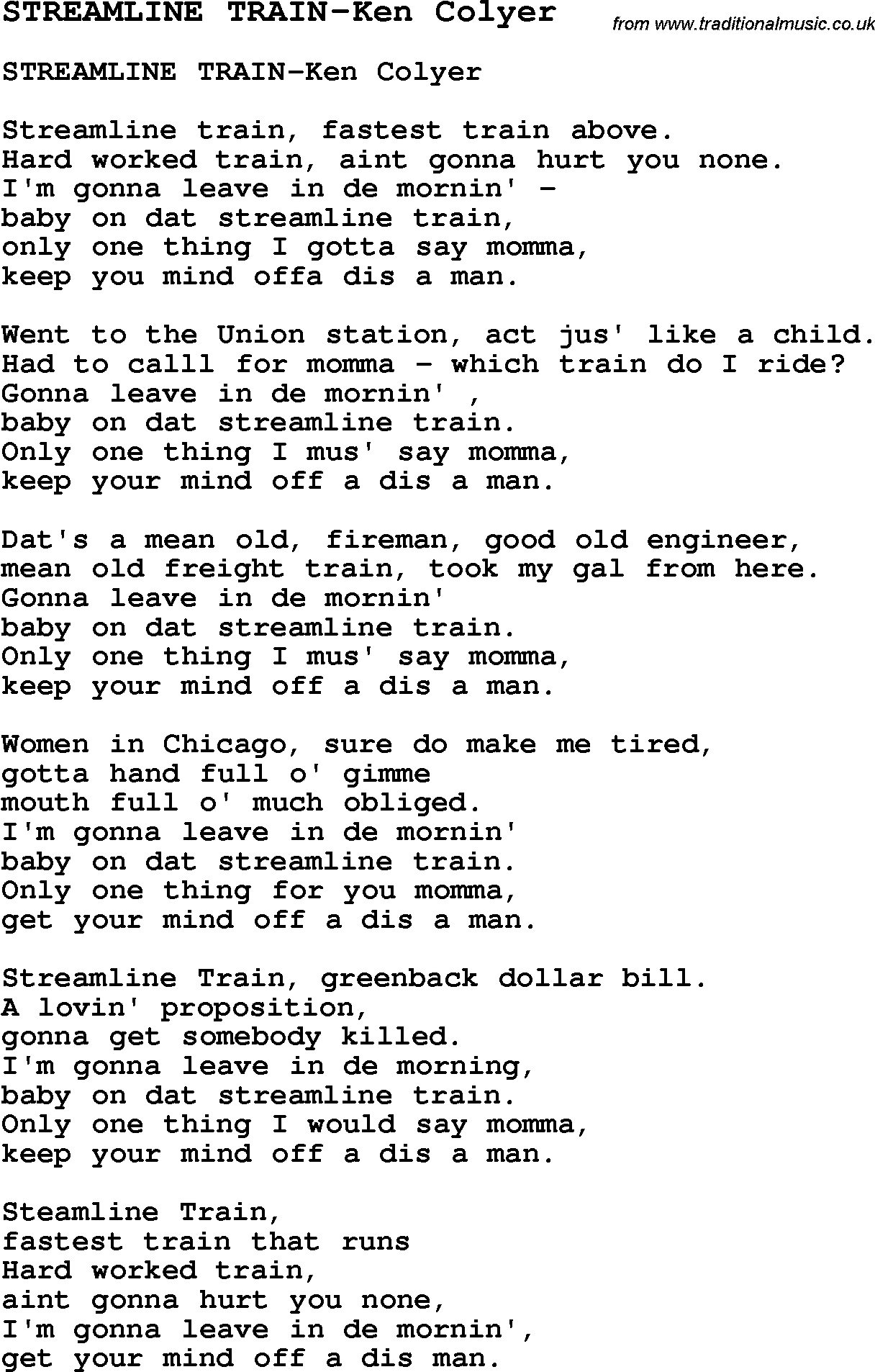 Skiffle Song Lyrics for Streamline Train-Ken Colyer.