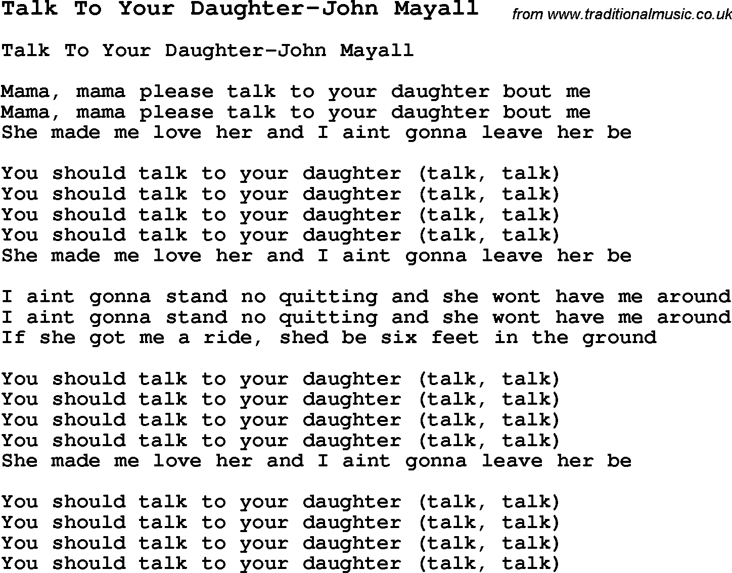 Skiffle Song Lyrics for Talk To Your Daughter-John Mayall.