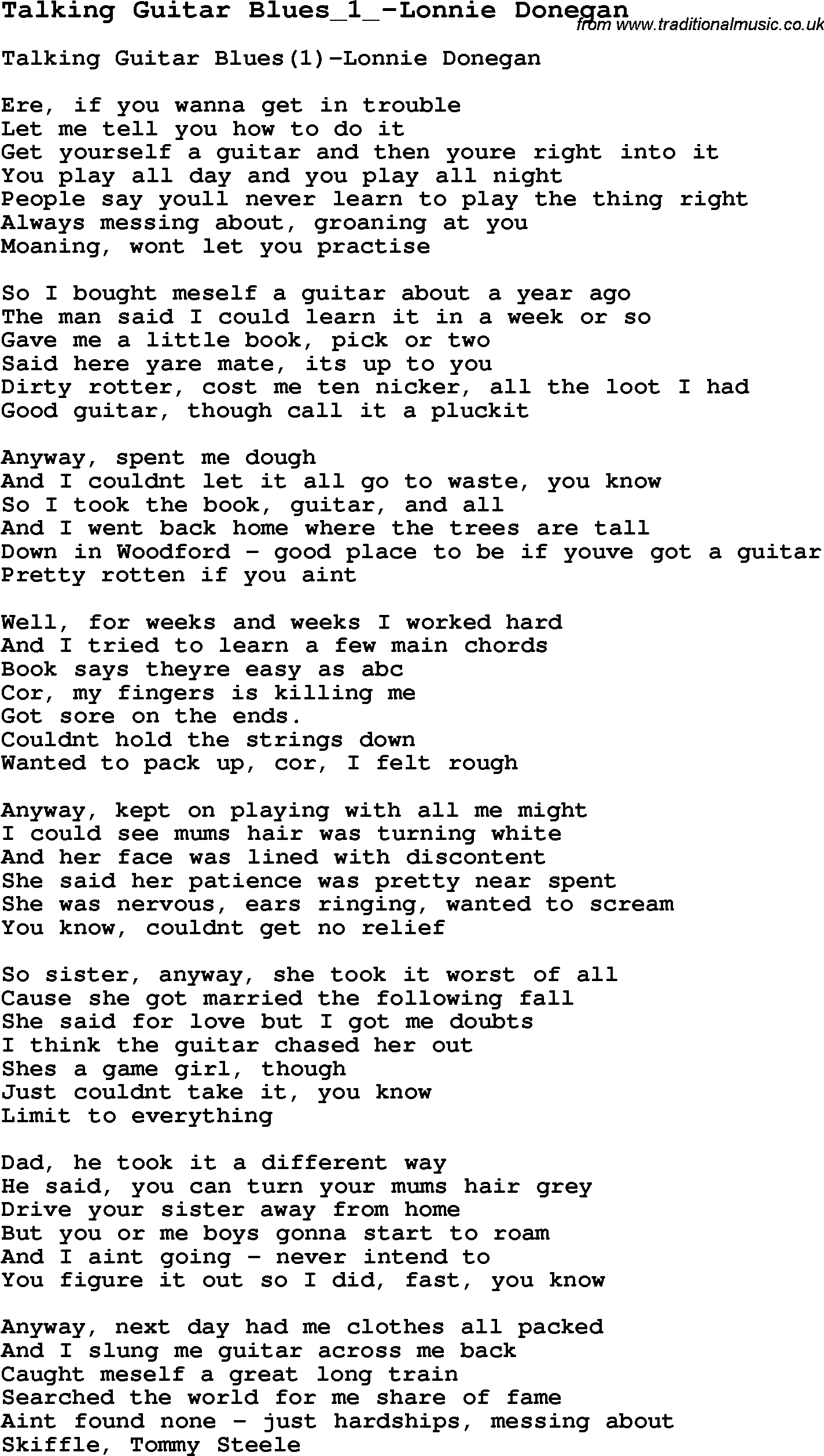Skiffle Song Lyrics for Talking Guitar Blues 1-Lonnie Donegan.