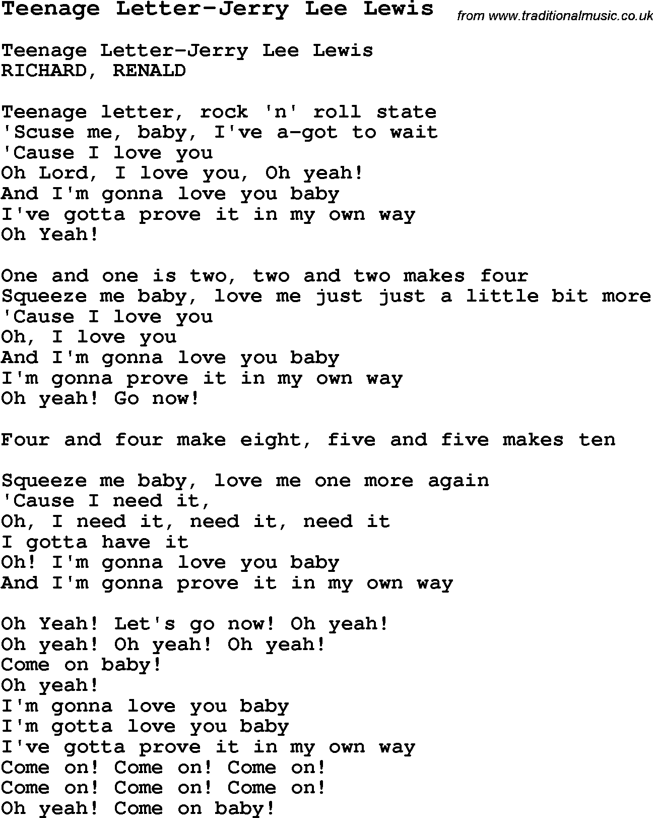 Skiffle Song Lyrics for Teenage Letter-Jerry Lee Lewis.