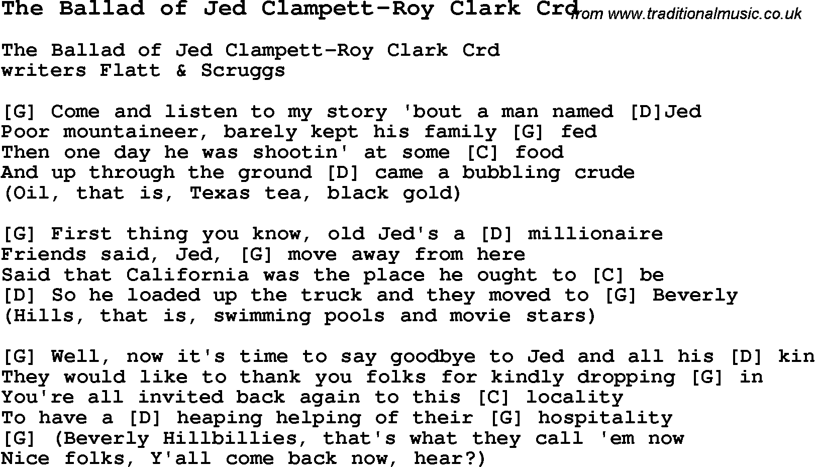 Skiffle Song Lyrics for The Ballad Of Jed Clampett-Roy Clark with chords for Mandolin, Ukulele, Guitar, Banjo etc.