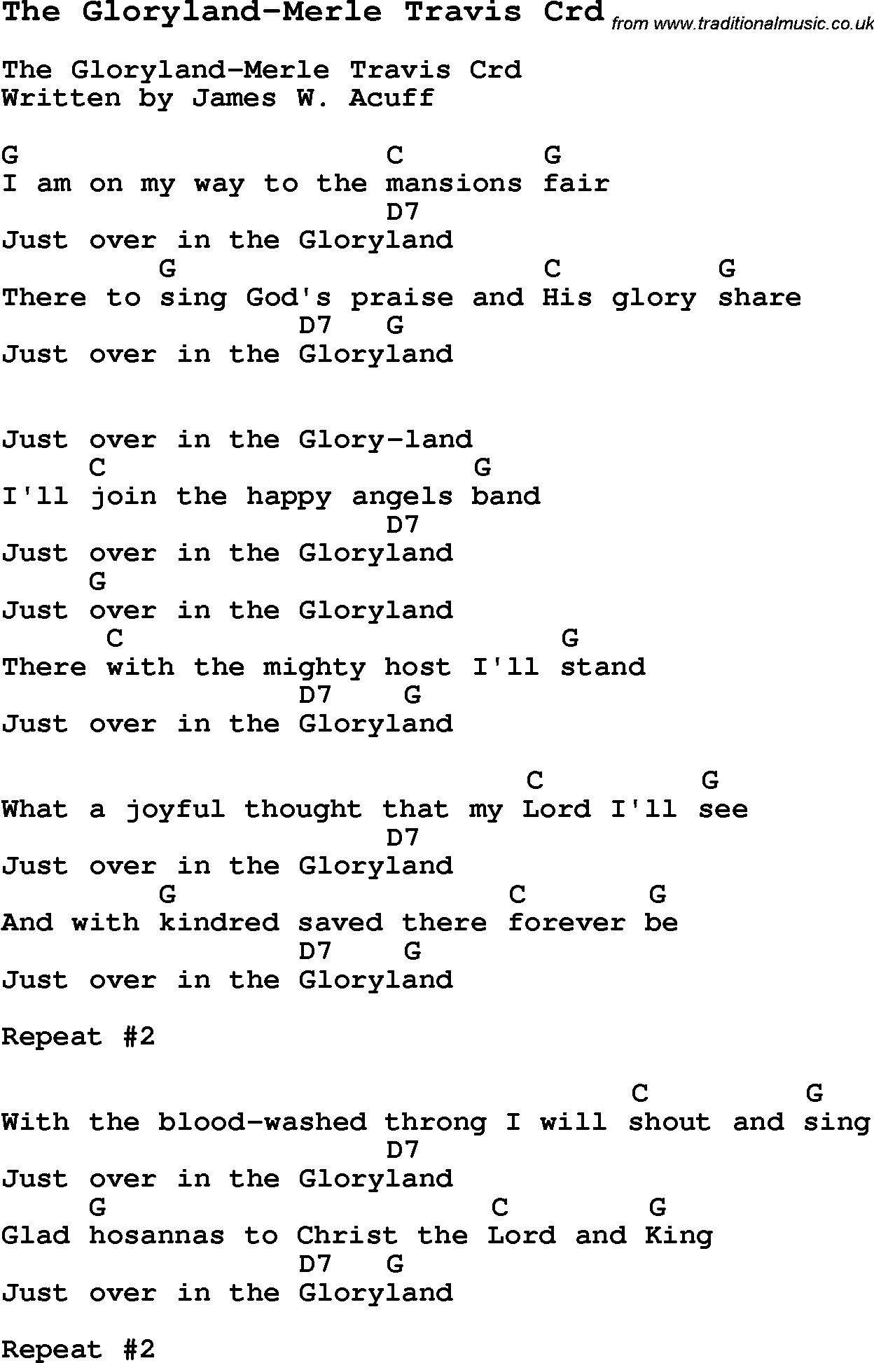 Skiffle Song Lyrics for The Gloryland-Merle Travis with chords for Mandolin, Ukulele, Guitar, Banjo etc.