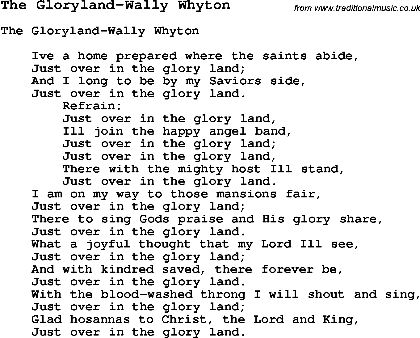 Skiffle Song Lyrics for The Gloryland-Wally Whyton.