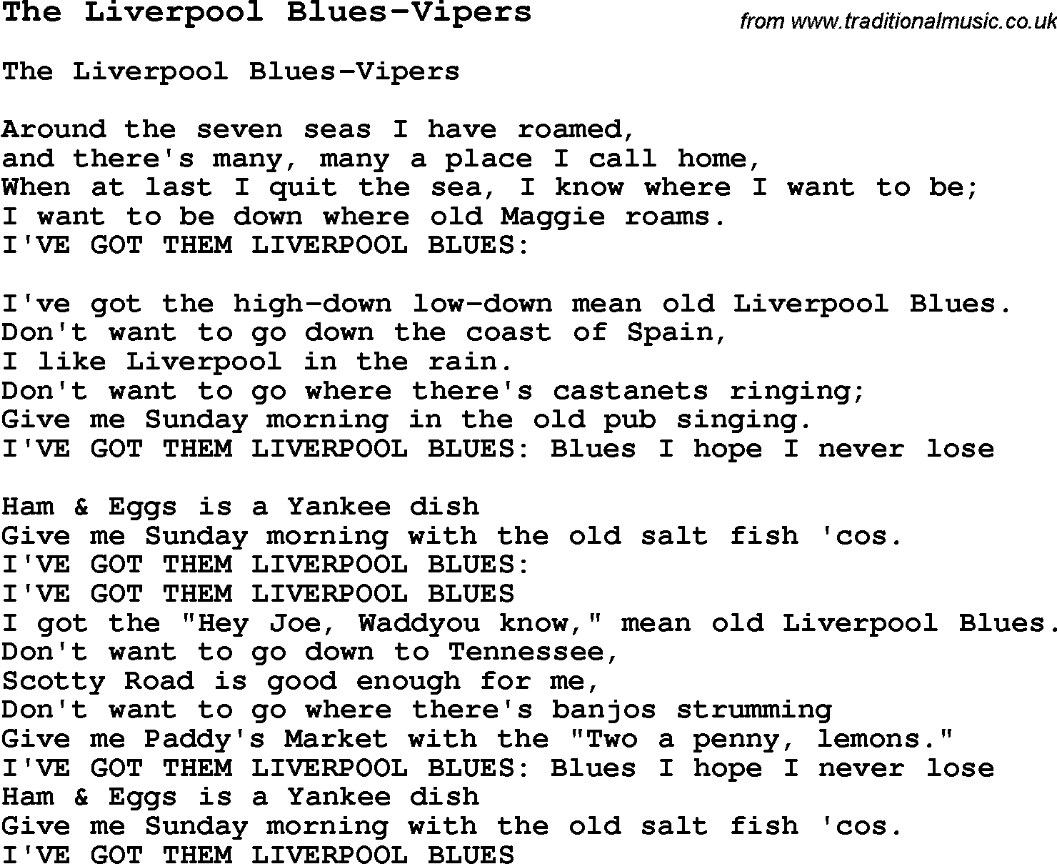 Skiffle Song Lyrics for The Liverpool Blues-Vipers.