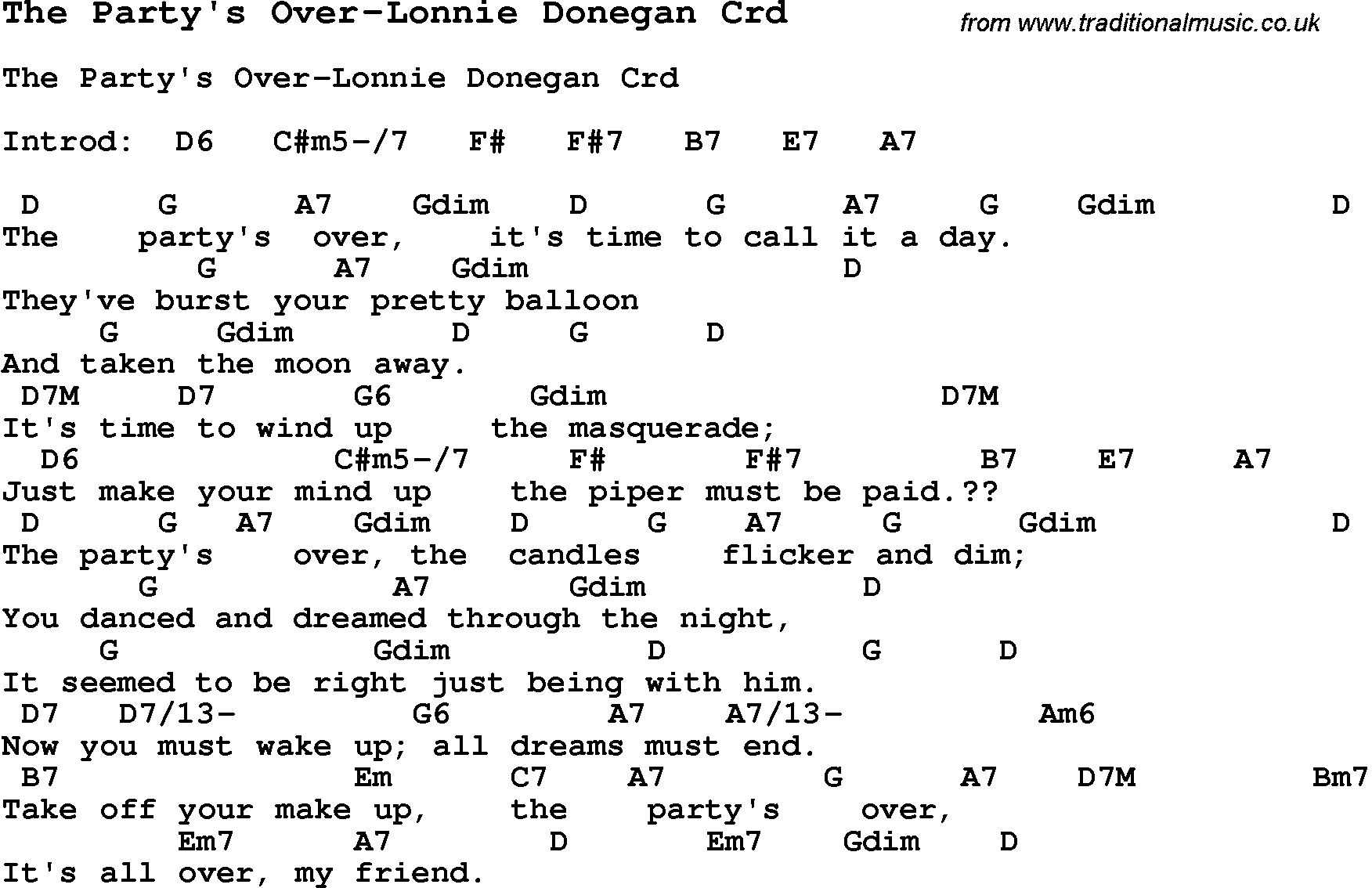 Skiffle Song Lyrics for The Party's Over-Lonnie Donegan with chords for Mandolin, Ukulele, Guitar, Banjo etc.