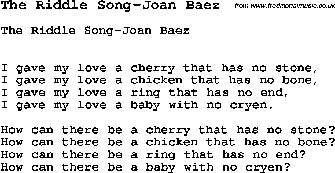 Skiffle Song Lyrics for The Riddle Song-Joan Baez.