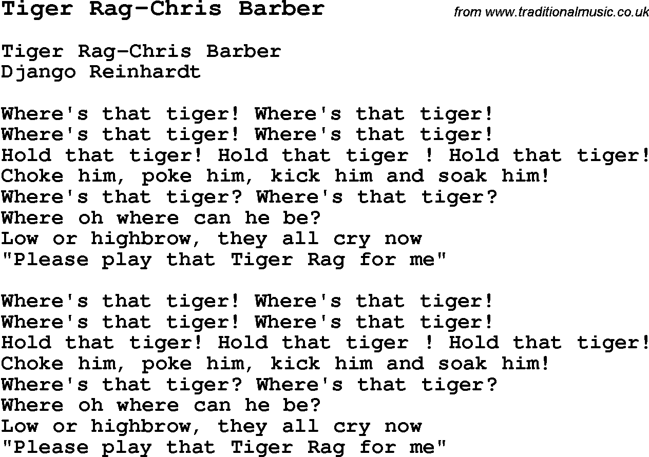 Skiffle Song Lyrics for Tiger Rag-Chris Barber.