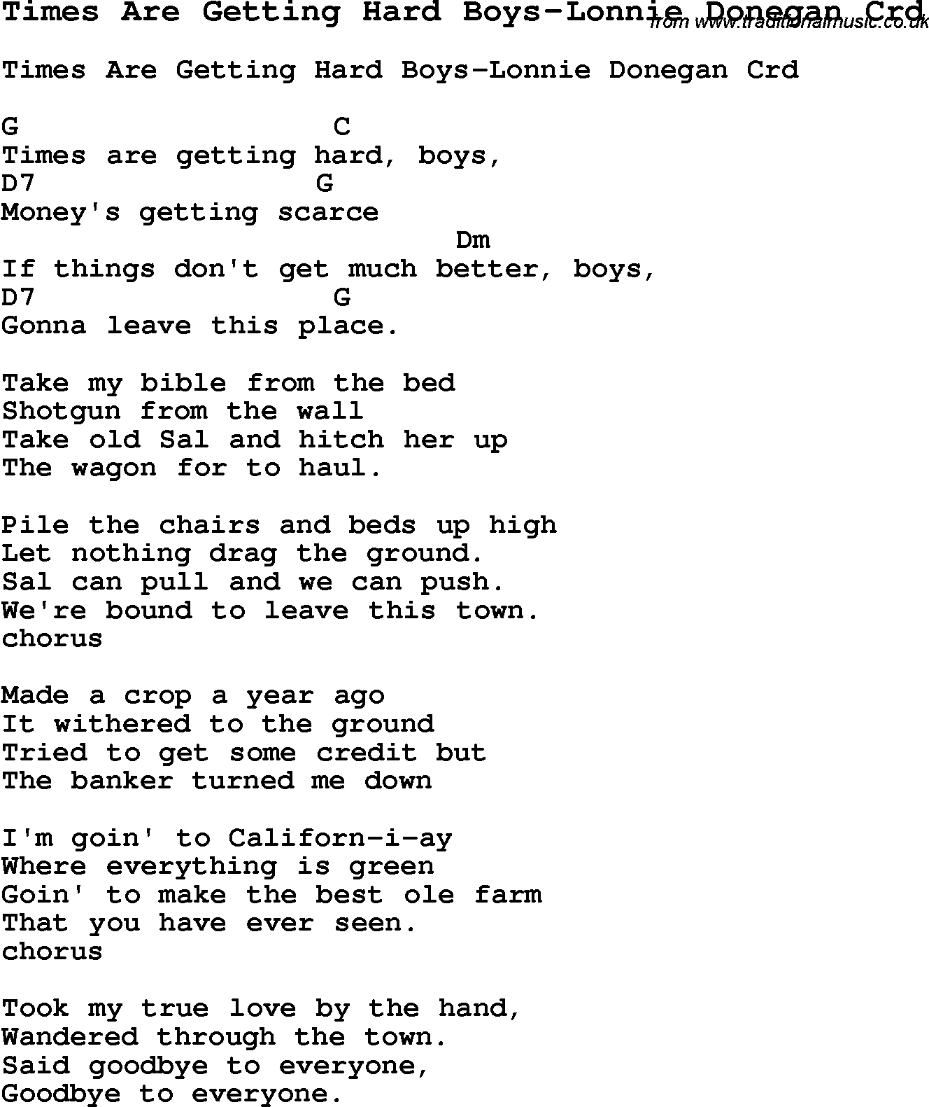 Skiffle Song Lyrics for Times Are Getting Hard Boys-Lonnie Donegan with chords for Mandolin, Ukulele, Guitar, Banjo etc.