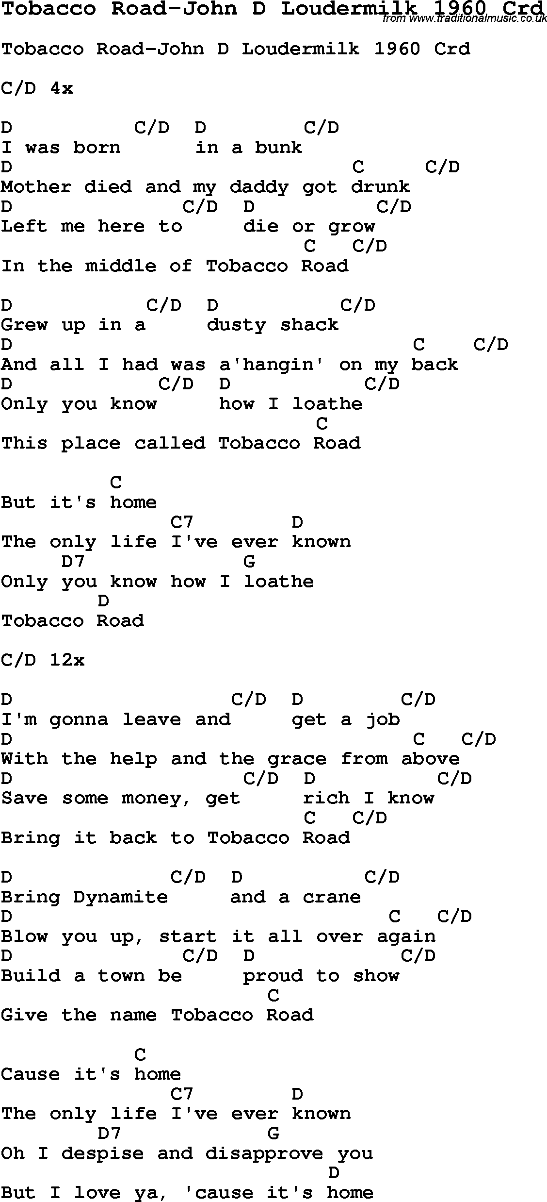 Skiffle Song Lyrics for Tobacco Road-John D Loudermilk 1960 with chords for Mandolin, Ukulele, Guitar, Banjo etc.