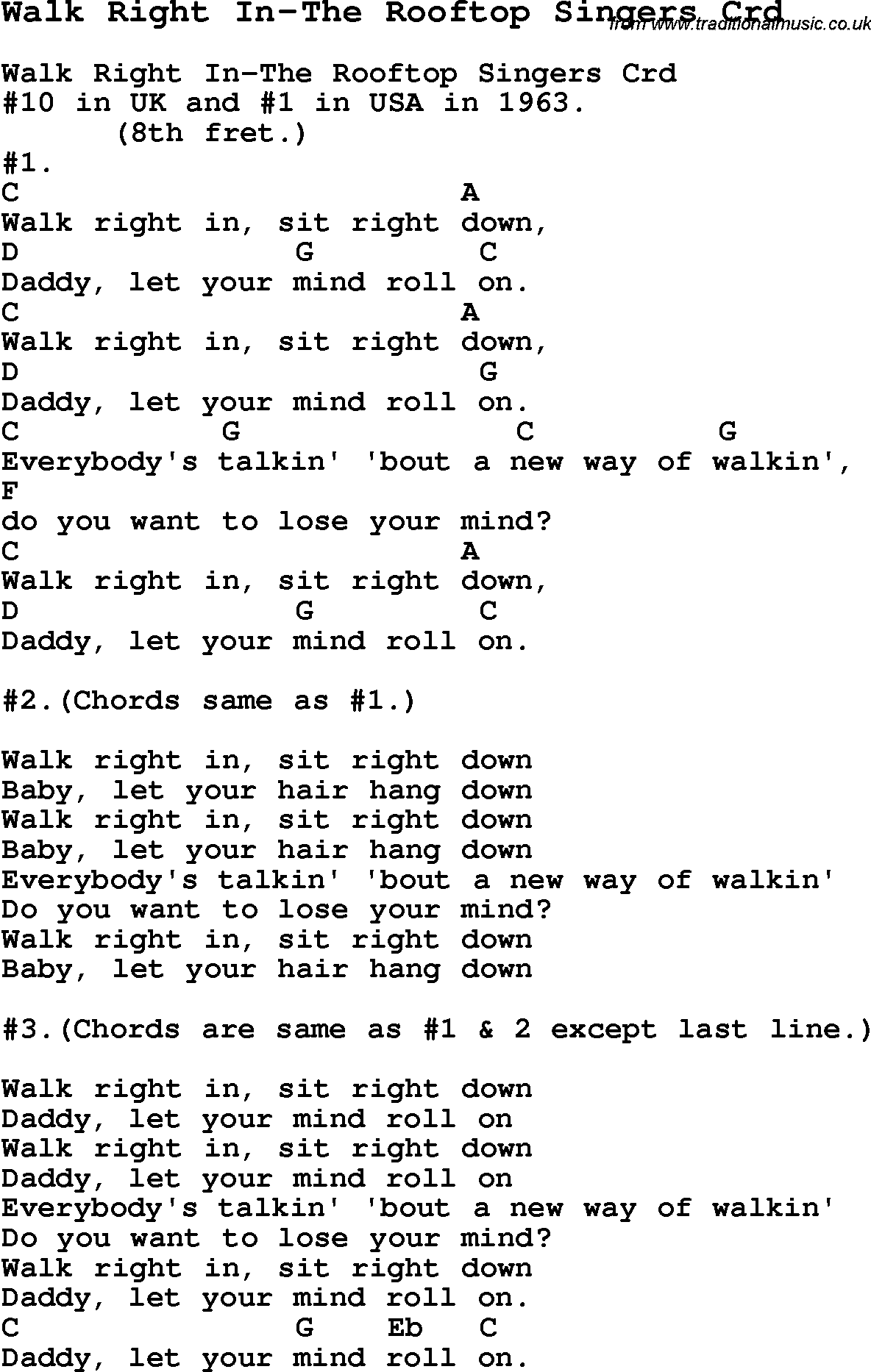 Skiffle Song Lyrics for Walk Right In-The Rooftop Singers with chords for Mandolin, Ukulele, Guitar, Banjo etc.