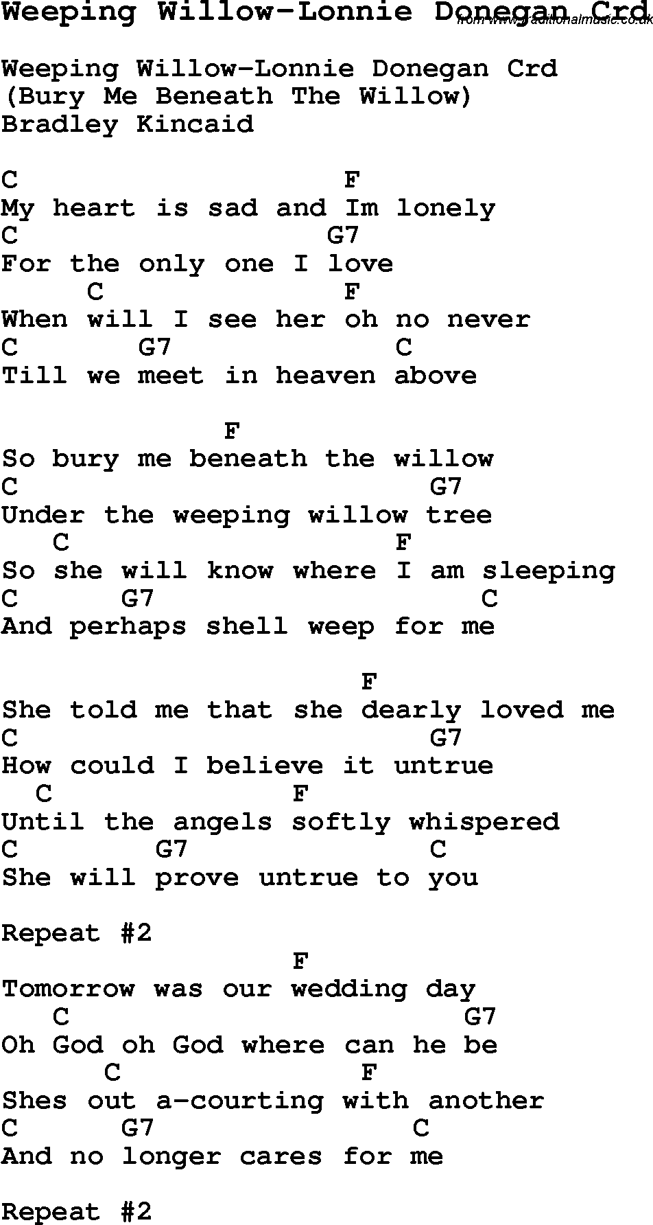 Skiffle Song Lyrics for Weeping Willow-Lonnie Donegan with chords for Mandolin, Ukulele, Guitar, Banjo etc.
