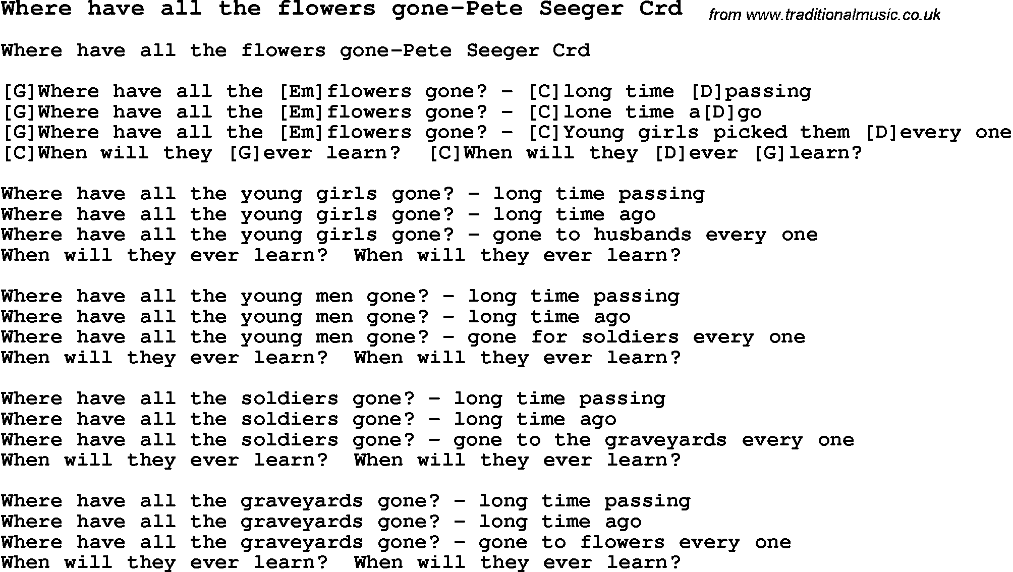 Skiffle Song Lyrics for Where Have All The Flowers Gone-Pete Seeger with chords for Mandolin, Ukulele, Guitar, Banjo etc.