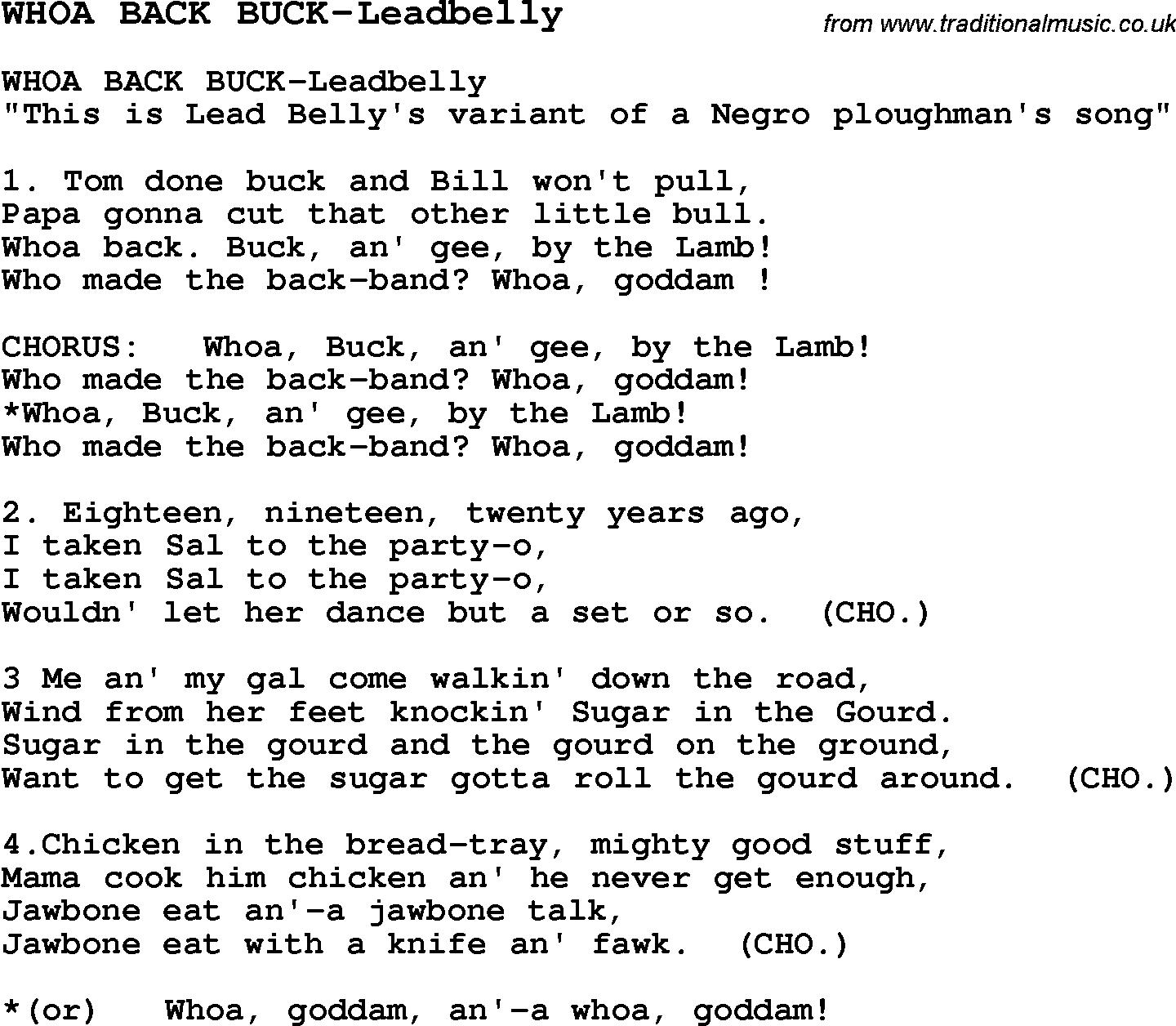 Skiffle Song Lyrics for Whoa Back Buck-Leadbelly.