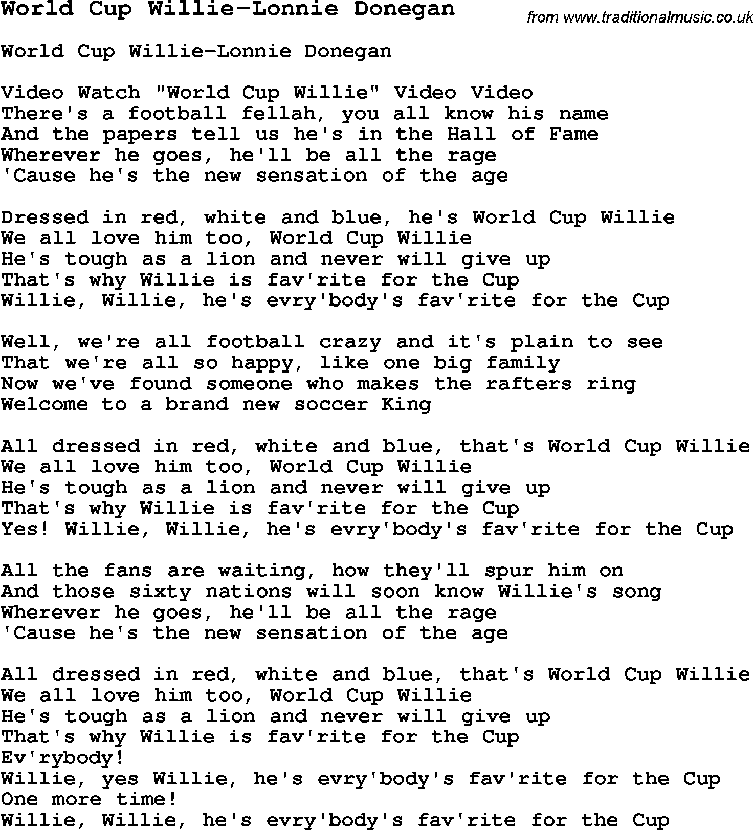 Skiffle Song Lyrics for World Cup Willie-Lonnie Donegan.