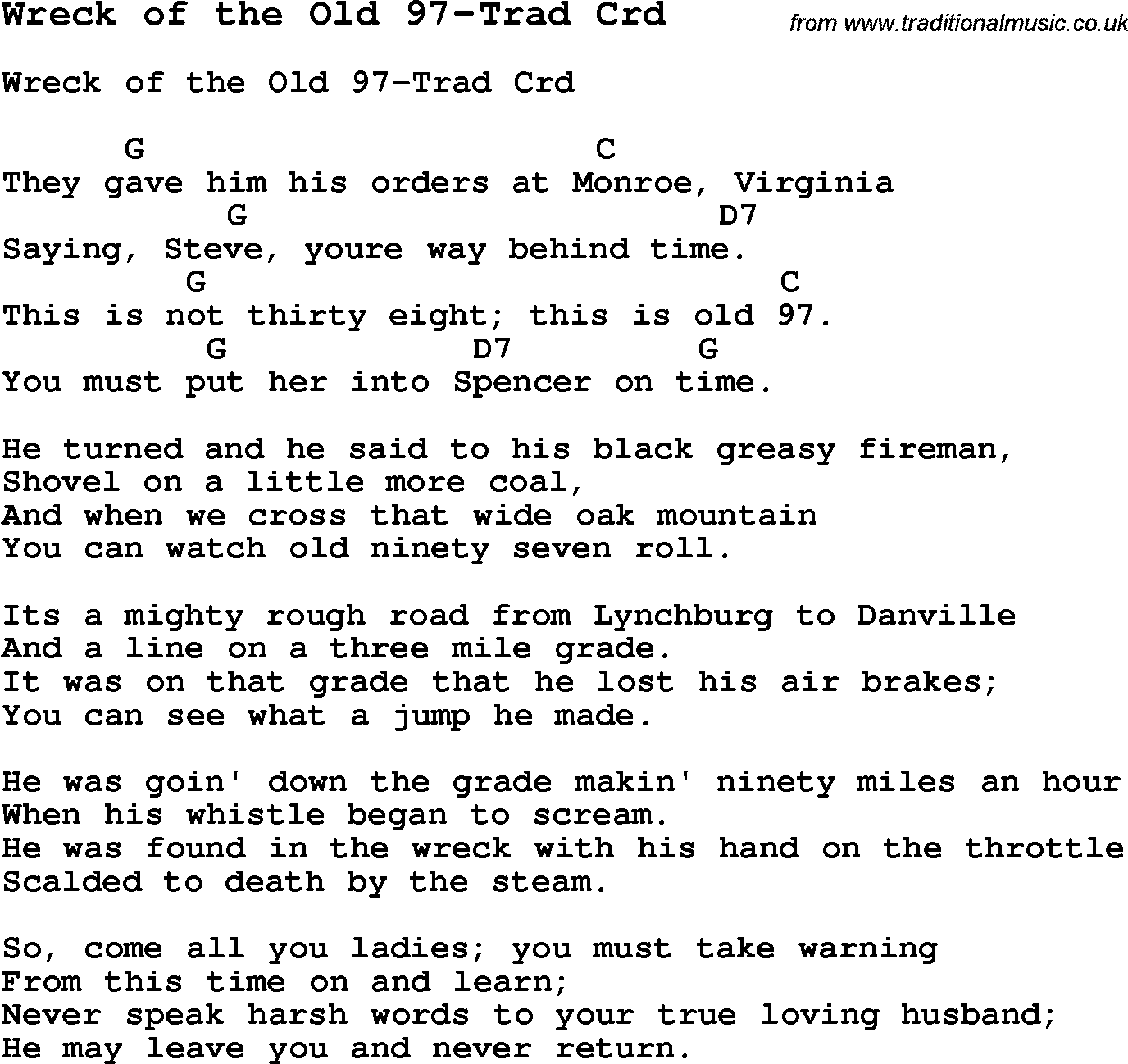 Skiffle Song Lyrics for Wreck Of The Old 97-Trad with chords for Mandolin, Ukulele, Guitar, Banjo etc.