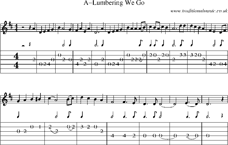 Guitar Tab and Sheet Music for A-lumbering We Go