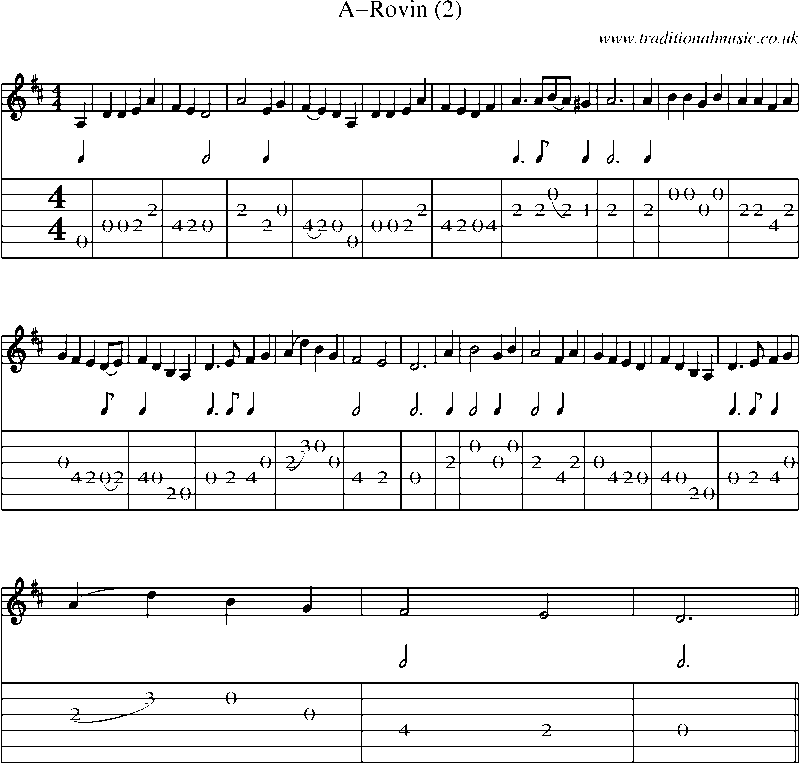 Guitar Tab and Sheet Music for A-rovin (2)